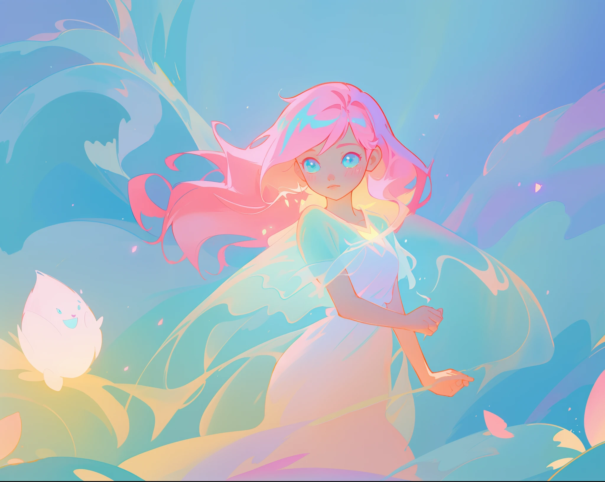 beautiful girl in flowing white dress, vibrant pastel colors, (colorful), magical lights, long flowing colorful pink hair, otherworldly aqua and blue landscape background, inspired by Glen Keane, inspired by Lois van Baarle, disney art style, by Lois van Baarle, glowing aura around her, by Glen Keane, jen bartel, glowing lights! digital painting, flowing glowing hair, glowing flowing hair, beautiful digital illustration, fantasia background, whimsical, magical, fantasy, beautiful face, ((masterpiece, best quality)), intricate details, highly detailed, sharp focus, 8k resolution, sparkling detailed eyes, liquid watercolor