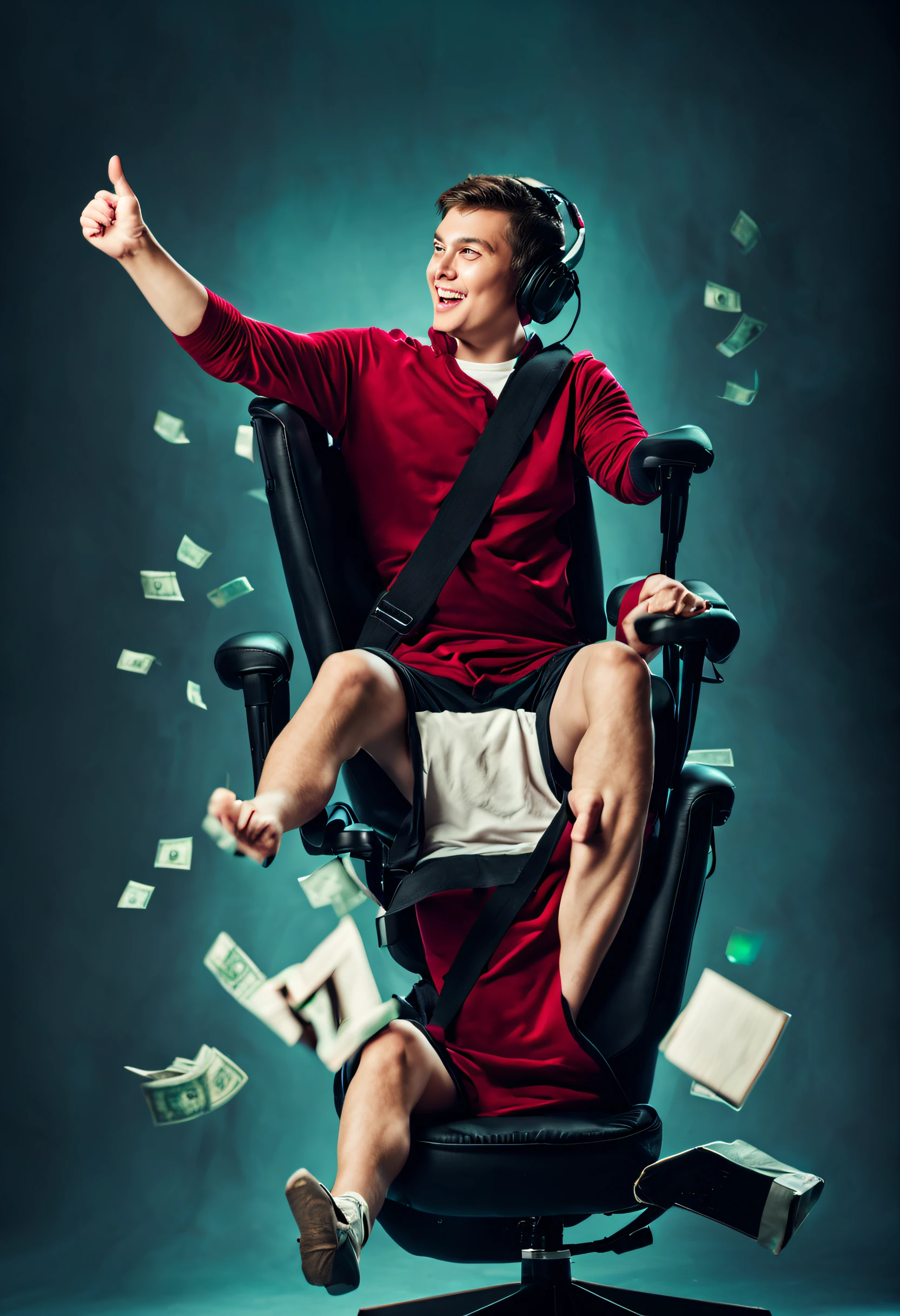 professional photography of a very happy young youtuber in a gaming chair with professional lighting, and a lot of money falling from above