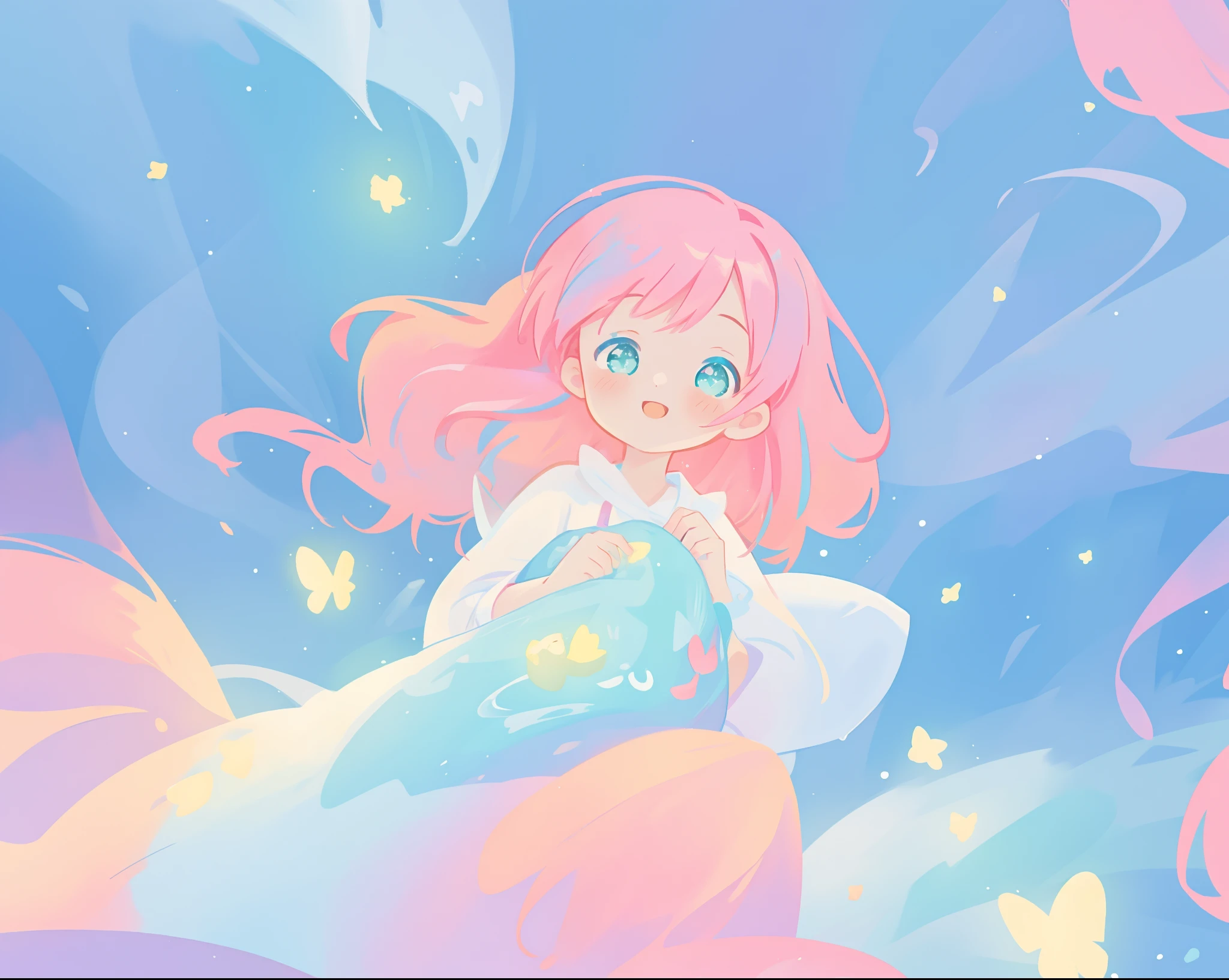 beautiful girl in flowing white dress, vibrant pastel colors, (colorful), magical lights, long flowing colorful pink hair, otherworldly aqua and blue landscape background, inspired by Glen Keane, inspired by Lois van Baarle, disney art style, by Lois van Baarle, glowing aura around her, by Glen Keane, jen bartel, glowing lights! digital painting, flowing glowing hair, glowing flowing hair, beautiful digital illustration, fantasia background, whimsical, magical, fantasy, beautiful face, ((masterpiece, best quality)), intricate details, highly detailed, sharp focus, 8k resolution, sparkling detailed eyes, liquid watercolor