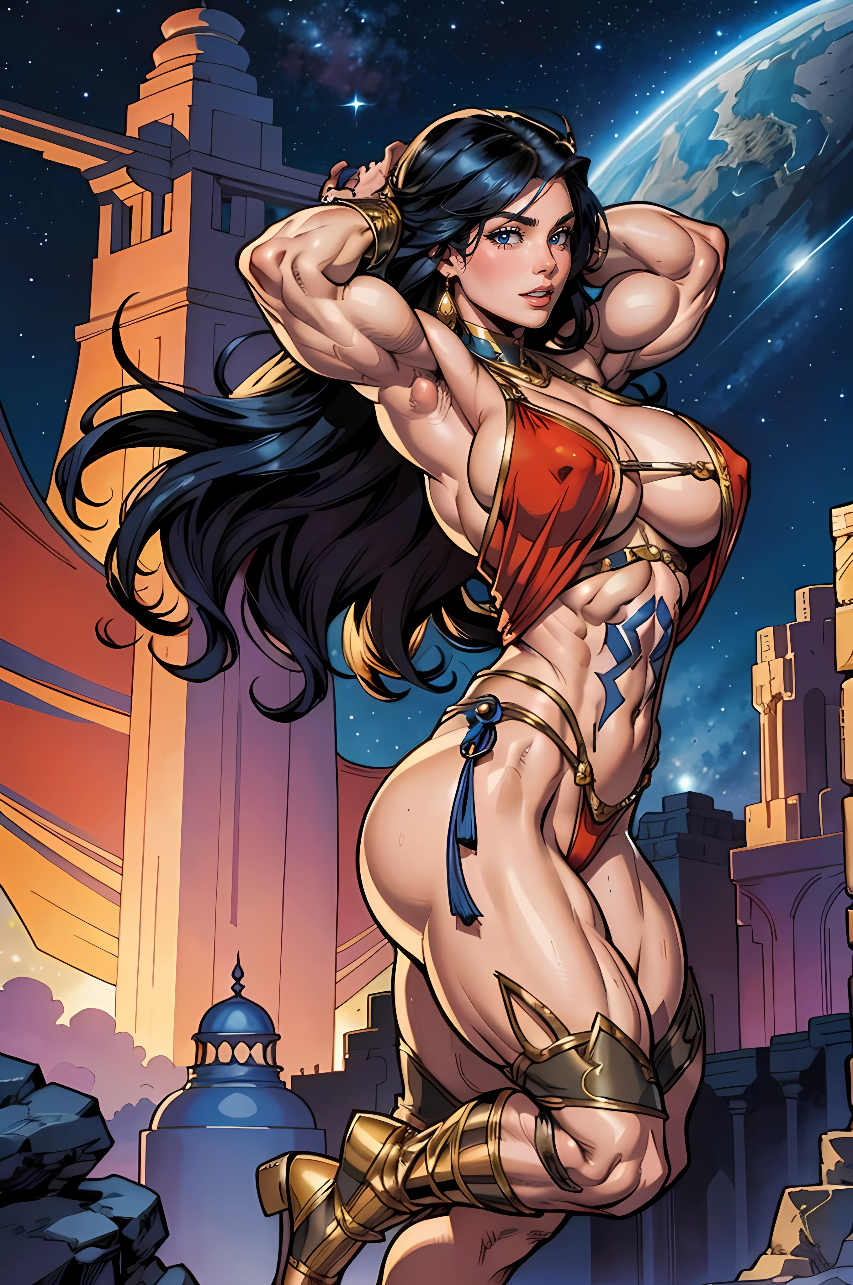 DC Comics, Eloise Mumford dressed as a Dejah Thoris, by Frank cho and HR Geiger, barsoom, (), flying, detailed background, night time, ((((huge muscles))))