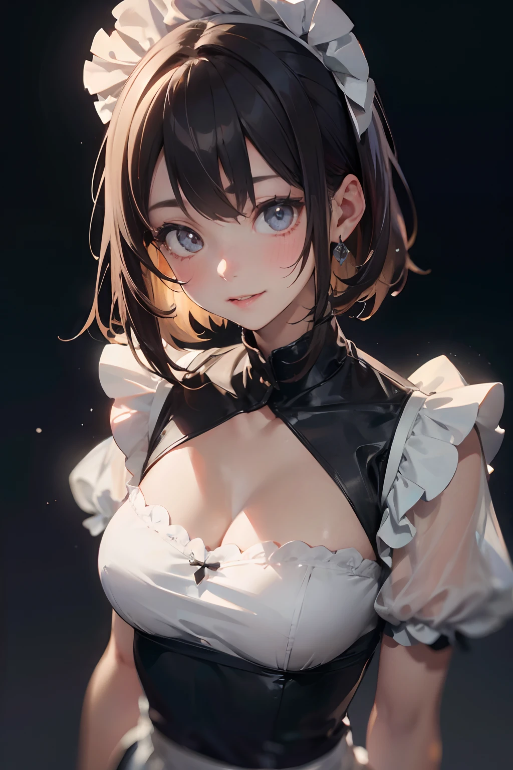 a 20 yo woman、Brown hair、Bery short hair、Big smile、maid clothes、Muted Tones、Subdued Color、highly contrast、(natural skin textures、Hyper-Realism、Soft light、sharp) {{{{masutepiece}}}}, {{{Hyper Detailed}}}, {{{hight resolution}}}, {{Good anatomy}}, (((Best Quality))), ((extremely delicate and beautiful)), {{an extremely detailed and delicate}}, {8k cg wallpaper}, {{Illustration}}, (greyscale with colored background:1), White and black background,  (chromatic abberation:1.2), Upper body,  maturefemale, (1girl in:1), Solo, 花魁, (Komono:1.2), medium breasts,  hiten1,