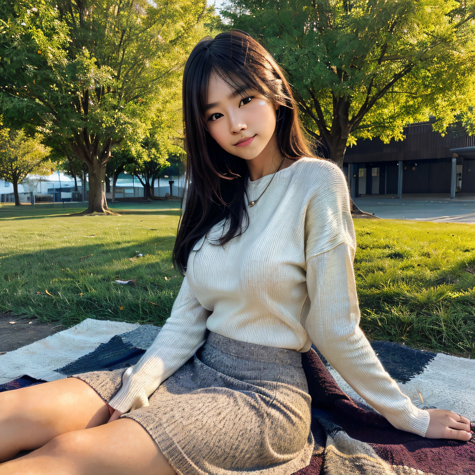 (Photoreal: 1.4), (Smooth lighting: 1.05), (Improved cinematic lighting: 0.9), 32K, Realistic lighting, Backlight, raytrace, (Whitening light: 1.2), (Image enhancement: 1.4), ( Top quality real skins: 1.4), 20-year-old, 1 girl, asian, large breasts, early morning light, sunrise, long skirt, loose sweater, park scene, laying down, grassy hill,