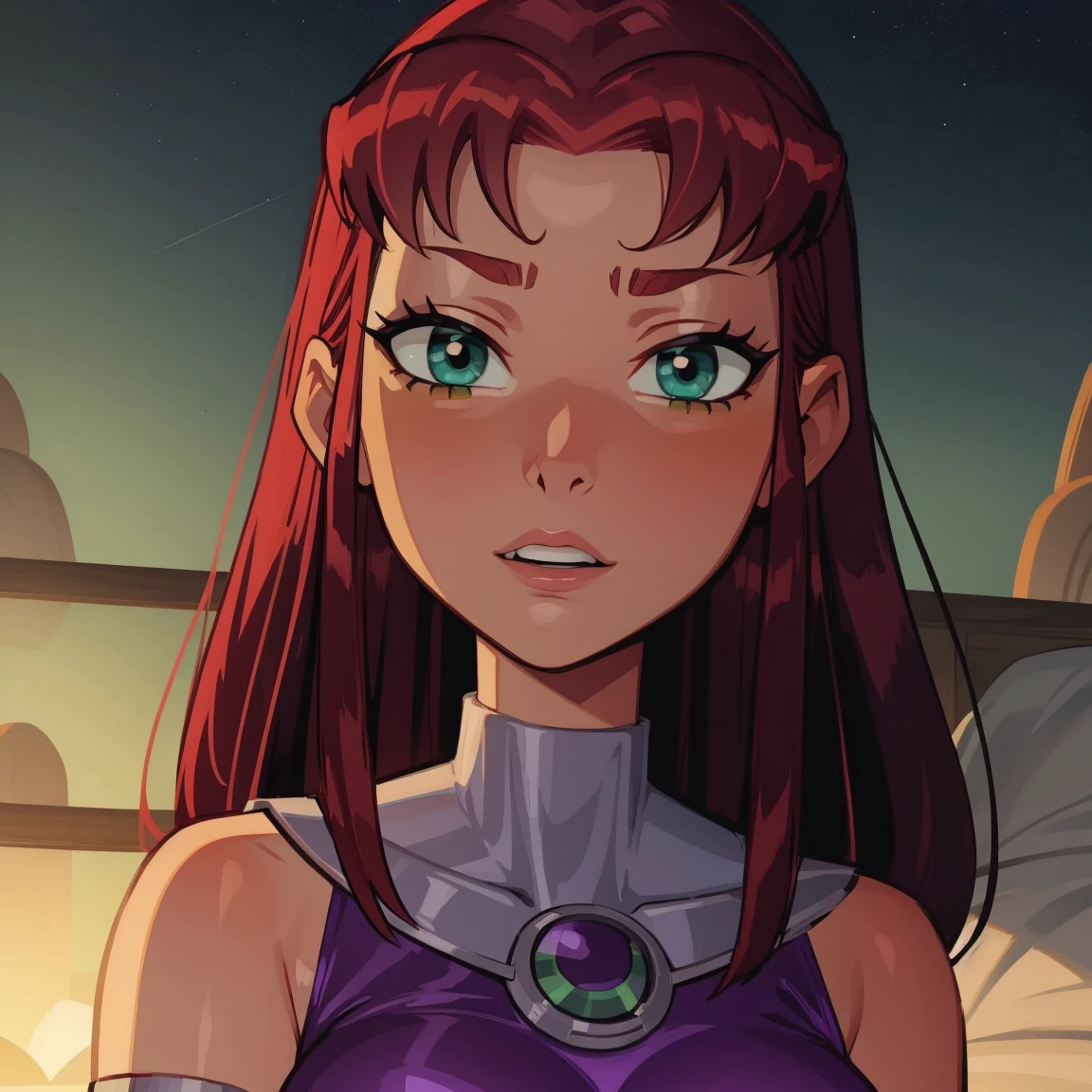 Starfire, dark green eyes, reddish hair, green eyes