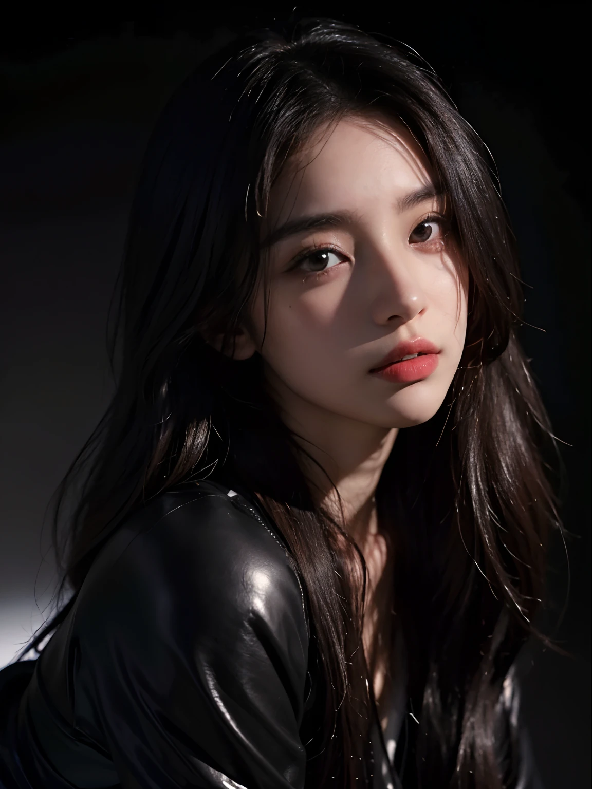 1girll, 175cm,Korean K-pop idol and model ,23 years old,Soft body, Jet black hair, Wavy hair,Whole body, Hair grows to the waist, Whole body,((Head to leg)),Close-up, 8K, RAW photo, Best quality, Masterpiece,Realistic, photo-realistic,Cute(Front focus), (In the dark:1.6), Surrealistic Female Portraits by David Hockney and Alphonse Mucha, Fantasy art, photograph realistic, Dynamic lighting, art  stations, poster for, voluminetric lighting, Very detailed faces, 4 k'', Award-Awarded, 1girll, In the dark, deepshadow, low tune, Cowboy shot, (official outfit:1.4), Long hair