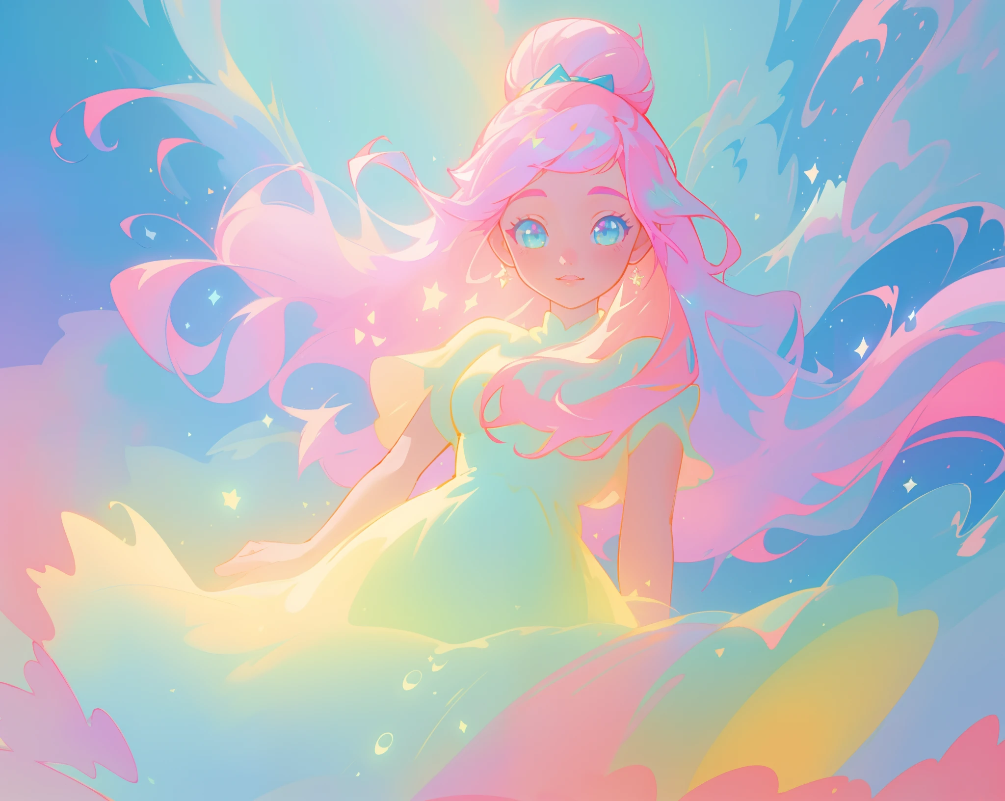 beautiful girl in sparkling white puffy dress, vibrant pastel colors, (colorful), magical lights, long flowing colorful pink hair, otherworldly aqua and blue landscape background, inspired by Glen Keane, inspired by Lois van Baarle, disney art style, by Lois van Baarle, glowing aura around her, by Glen Keane, jen bartel, glowing lights! digital painting, flowing glowing hair, glowing flowing hair, beautiful digital illustration, fantasia background, whimsical, magical, fantasy, beautiful face, ((masterpiece, best quality)), intricate details, highly detailed, sharp focus, 8k resolution, sparkling detailed eyes, liquid watercolor