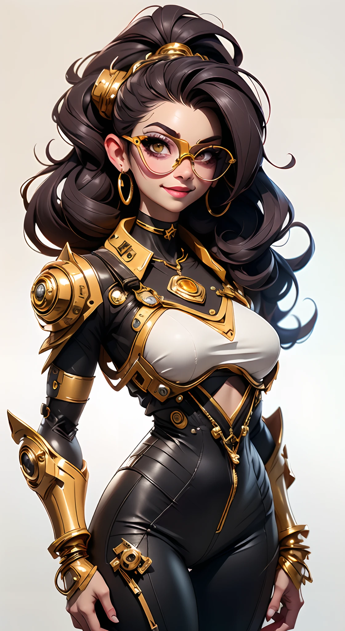 A fantz monster design, Cute robots in space [style-rustmagic]，female robot，Half-human, tmasterpiece，（tmasterpiece，top-quality，best qualityer），1girll， jewely， long whitr hair， Golden hair，Black color hair，Silvery-white hair，Maroon hair， 独奏， 耳?????? Ring， ssmile， motorvehicle， choker necklace， sun glasses， looking at viewert， bangle， The Car， A plant， high-waist pants， groundvehicle， Sat down， exteriors， daysies， nedium ???????，Open navel，  dark skinned female， Colored glasses， buliding， Dark  skin， hoop earings， circle glasses， Estampados florales， choker necklace，grinning smile，a black choker，collars，Laser cloth，???? ??????，holy rays，gold foil，Gold leaf art，glitter drawing，Correct ???????，Detailed face, Detailed eyes，