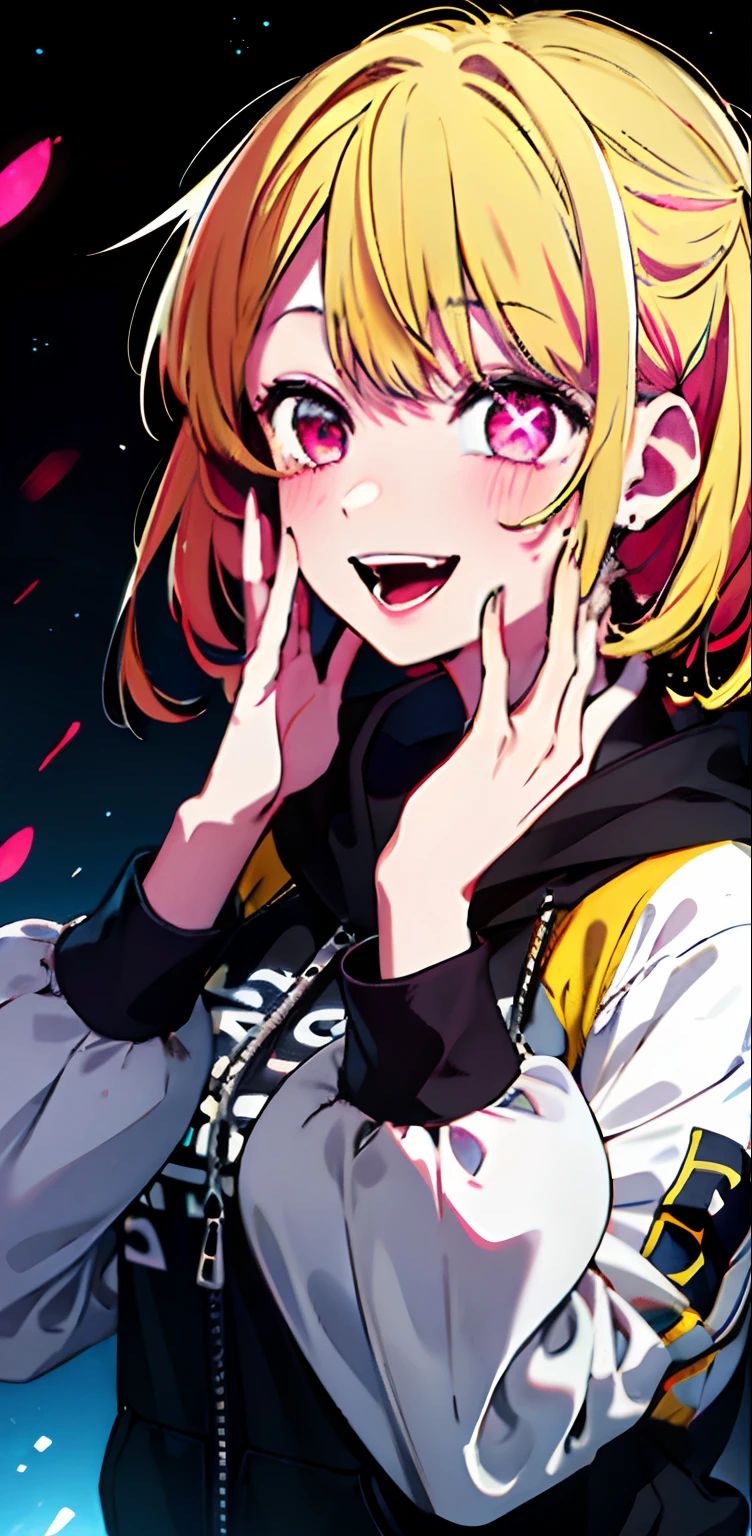 original character , 1girl, (crazy smile:1.2) , blonde hair , bangs , crazy eyes , hands on face , yellow blood splatter on face , yellow and black color scheme, open mouth, (wide-eyed:1.2), glowing eyes, left star shaped eye, star shaped eye, pink eyes, pink eyes