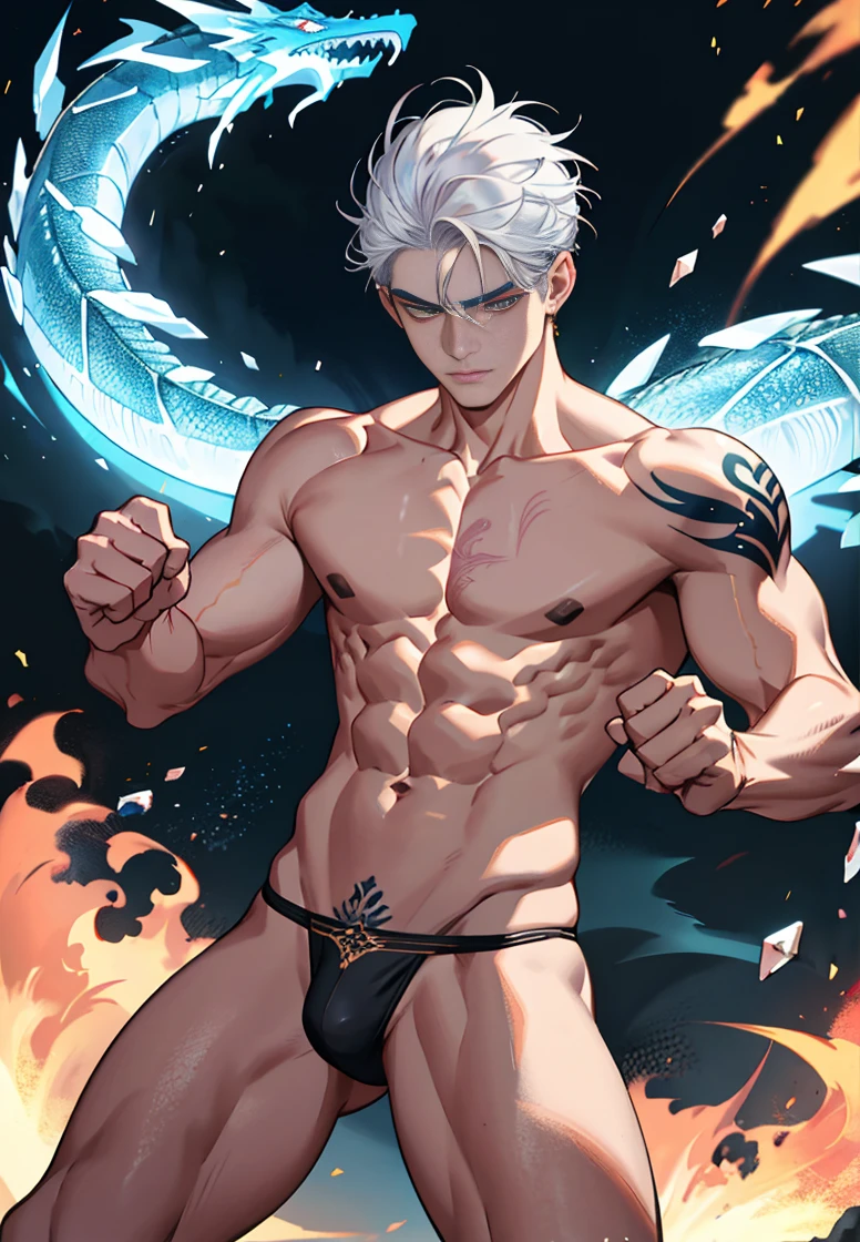 In the bright galaxy，Accompanied by a crystal dragon，The dragon accompanied the boy，White and tender skin，Jewel-colored tattoos，Silver hair，Hot age flesh, A meticulous face，Handsome face，18 year old young beautiful man，Handsome guy，Muscle Junior，Tall figure，Eight-pack abs，Broad pectoral muscles，Bare thighs，Only thongs were worn，No other clothing，Only thongs were worn，low waist thong，Sexy thongs，Men's tong，Narrow tong，Clench your fists，The expression is fierce，The eyes are fierce，Launch an attack，fistfight，fights，Fight，Initiate a battle