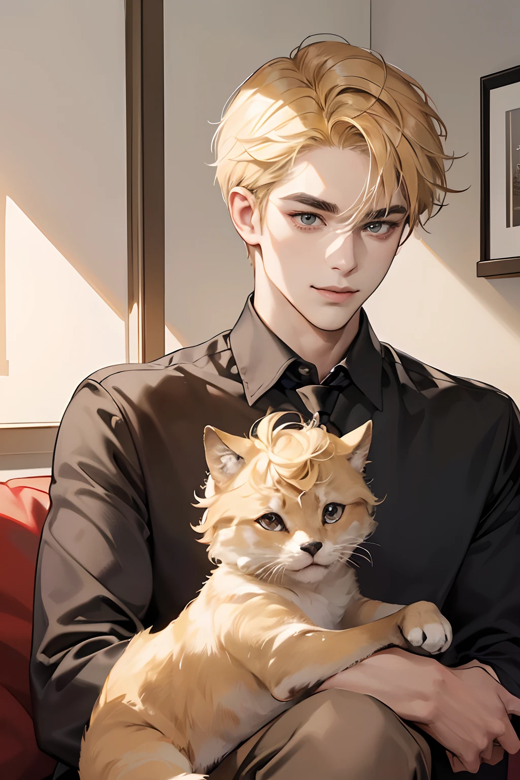 (masutepiece, Digital Art, Digital Illustration, 4K, 8K, Ultra-detailed, beautiful image, Sharp Image, Photorealistic, Raw photo, Perfect face, Perfect lines, Perfect eyes, Soft lighting) 1 male human, (a blond,Brown eyes,hair between eye,hair messy,short-hair,deadpan,Goofy face,Parallel eyebrows,Narrow-eyed,kindly smile,ember,28 years old:1.3),Handsome men, (ember,Business Shirt,neck tie,Thin macho,Firm shoulder width,Adult male:1.2),small plants,Sleepy face,Frantically opening your eyes,Loosen your tie,5 minutes before work,Living alone in a 1LDK,Hairstyle check,inside in room,Simple sofa,Double sofa,Simple Western-style room,white walls,Gravure poster on the wall,Get on your knees,raise arms