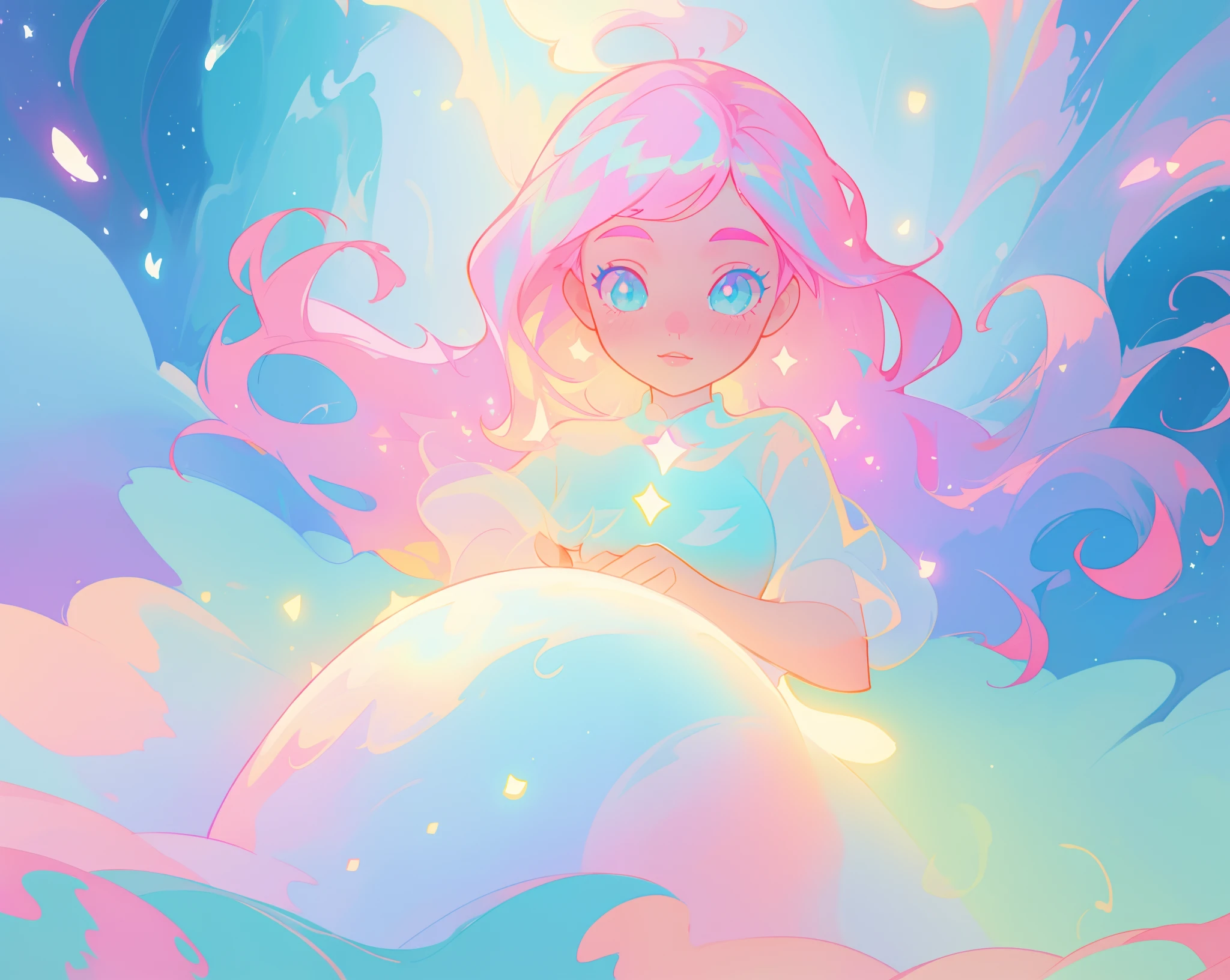 beautiful girl in sparkling white puffy dress, vibrant pastel colors, (colorful), magical lights, long flowing colorful pink hair, otherworldly aqua and blue landscape background, inspired by Glen Keane, inspired by Lois van Baarle, disney art style, by Lois van Baarle, glowing aura around her, by Glen Keane, jen bartel, glowing lights! digital painting, flowing glowing hair, glowing flowing hair, beautiful digital illustration, fantasia background, whimsical, magical, fantasy, beautiful face, ((masterpiece, best quality)), intricate details, highly detailed, sharp focus, 8k resolution, sparkling detailed eyes, liquid watercolor
