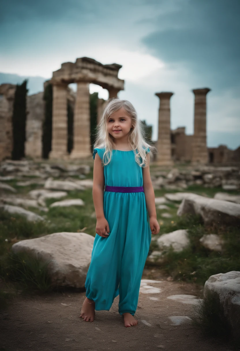 A beautiful girl, about 8 . The girl has long light blue hair, straight hair, ((messy)) hair, bangs)) and big blue eyes. The girl wears a turquoise tunic and purple tide pants. Greek templo ruins background. Starry night sky.