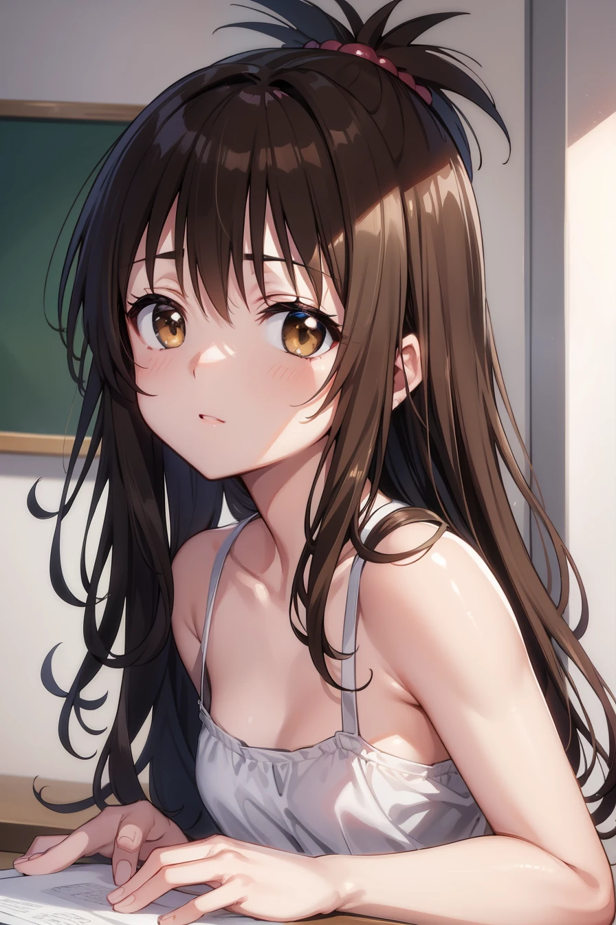 mikanyuuki, mikan yuuki, (brown eyes:1.7), brown hair, hair ornament, hair scrunchie, long hair, pink scrunchie, scrunchie, (flat chest:1.2),
BREAK white Lacy bra, white Lacy panties,
BREAK looking at viewer,
BREAK indoors, classroom,
BREAK (masterpiece:1.2), best quality, high resolution, unity 8k wallpaper, (illustration:0.8), (beautiful detailed eyes:1.6), extremely detailed face, perfect lighting, extremely detailed CG, (perfect hands, perfect anatomy),