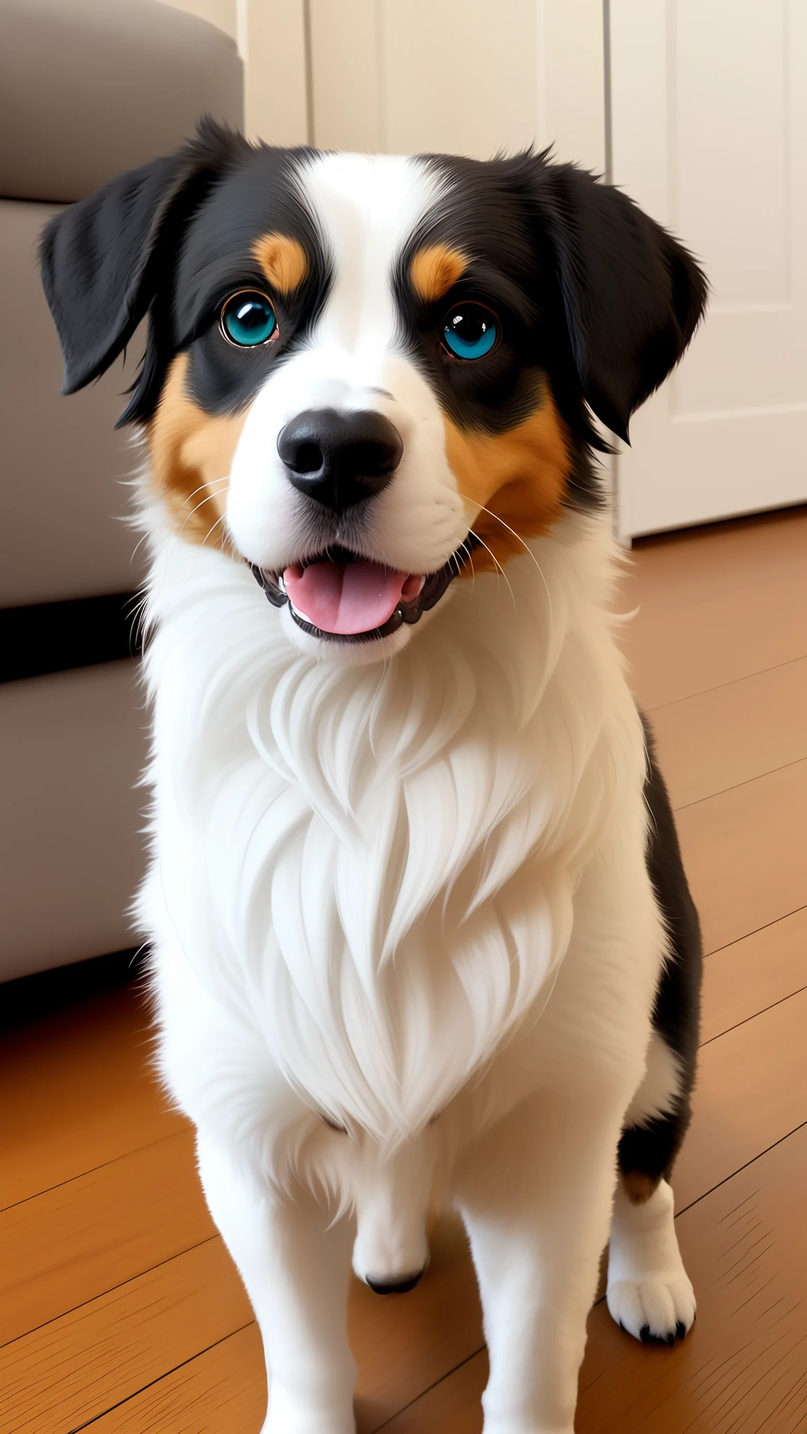 Disney Pixar character of 3 mini Australian shepherd with left eye blue and right eye brown