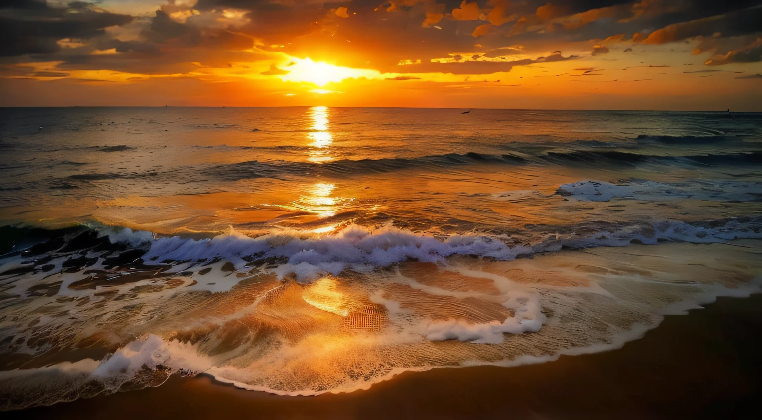 An absolutely mesmerizing sunset over the beach, with a blend of oranges, pinks, and yellows filling the sky. Crystal-clear waters of the sea gently kissing the shore, with sandy white beach stretching far and wide. The scene is dynamic and breathtaking, with seagulls soaring high in the sky and gently swaying palm trees. Take in the calming atmosphere and let the peacefulness wash over you.
