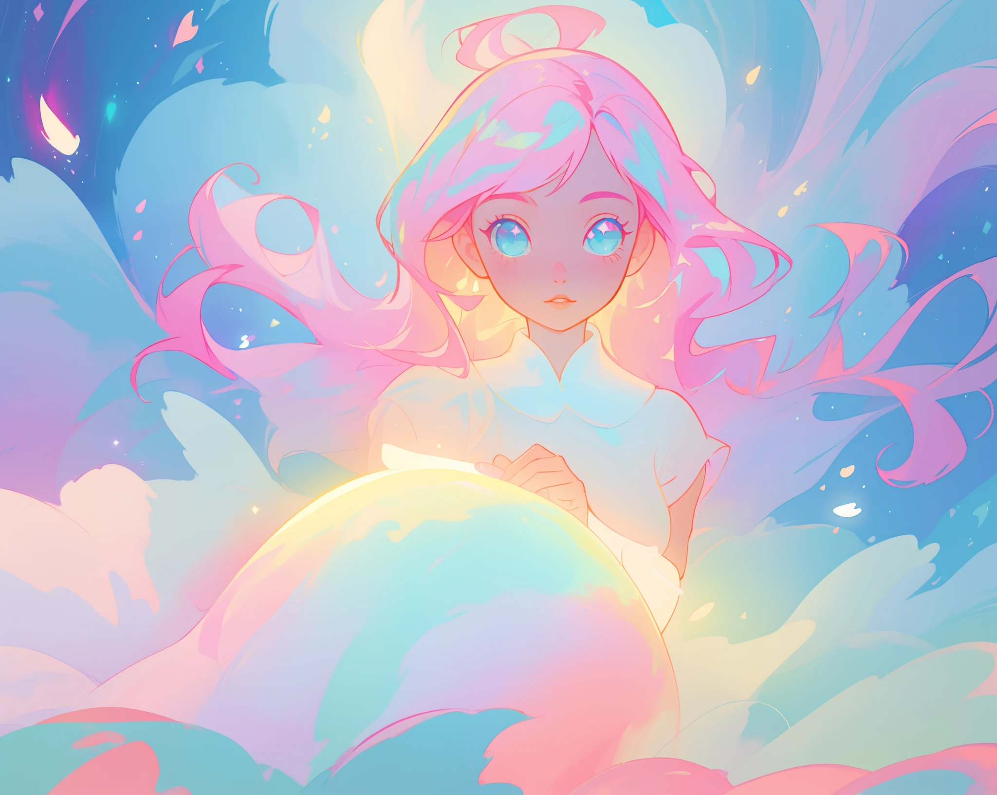 beautiful girl in sparkling white puffy dress, vibrant pastel colors, (colorful), magical lights, long flowing colorful pink hair, otherworldly aqua and blue landscape background, inspired by Glen Keane, inspired by Lois van Baarle, disney art style, by Lois van Baarle, glowing aura around her, by Glen Keane, jen bartel, glowing lights! digital painting, flowing glowing hair, glowing flowing hair, beautiful digital illustration, fantasia background, whimsical, magical, fantasy, beautiful face, ((masterpiece, best quality)), intricate details, highly detailed, sharp focus, 8k resolution, sparkling detailed eyes, liquid watercolor