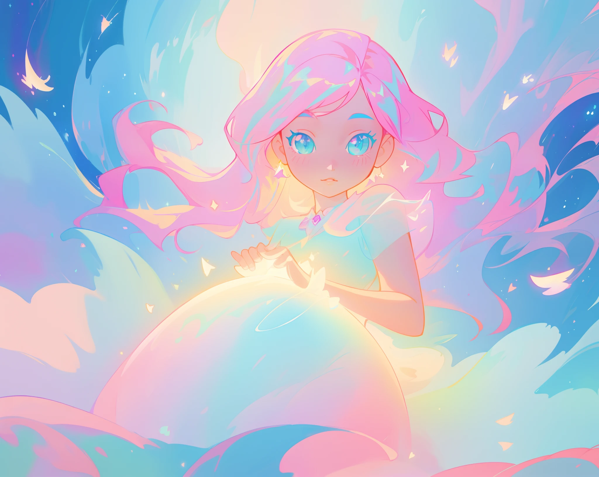 beautiful girl in sparkling white puffy dress, vibrant pastel colors, (colorful), magical lights, long flowing colorful pink hair, otherworldly aqua and blue landscape background, inspired by Glen Keane, inspired by Lois van Baarle, disney art style, by Lois van Baarle, glowing aura around her, by Glen Keane, jen bartel, glowing lights! digital painting, flowing glowing hair, glowing flowing hair, beautiful digital illustration, fantasia background, whimsical, magical, fantasy, beautiful face, ((masterpiece, best quality)), intricate details, highly detailed, sharp focus, 8k resolution, sparkling detailed eyes, liquid watercolor