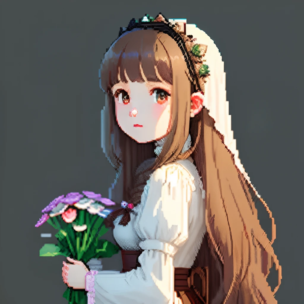 Pale light blue antique dress、Brown: Girl with long hair in dark dark dull pink-brown color、Blunt bangs、Look back and look at this.、Pixel art、Pixel Art Illustration、pixels、Plain background、Upper body、For icons、pixels_Art Book,Composition centered on the face、Straight face、Gothic headdress、pixels、Game-style illustration、Pixel art、pixels、Holding flowers
