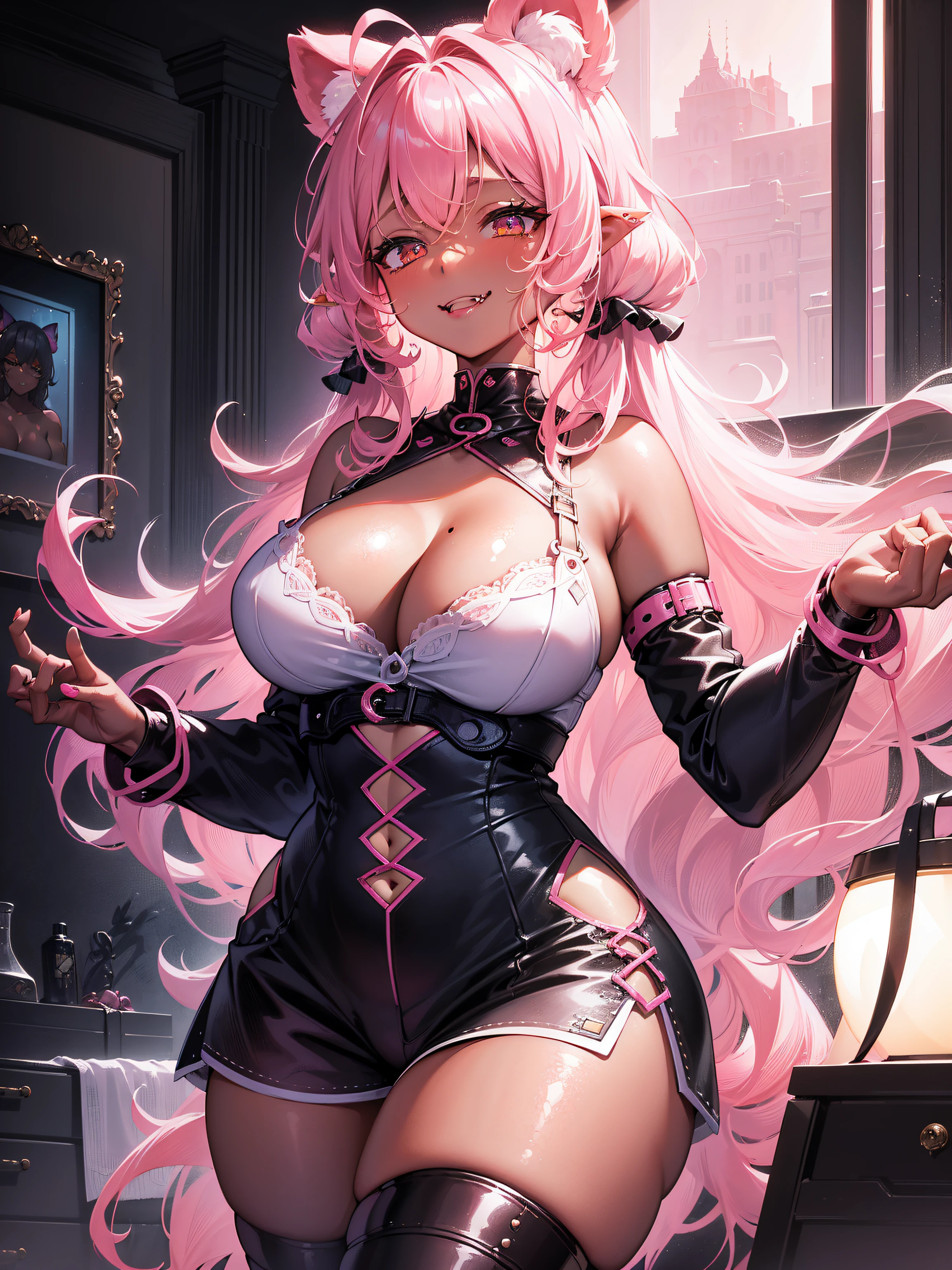 ((1 girl)), pink hair, ((long hair)), ((curly hair)), ahoge, blunt bangs, low twintails, ((((dark skin)))), brown eyes, (half-closed eyes), (((fangs))), bear ears, (huge breasts), cleavage, thick thighs, ((thick lips)), mole, wide hips, thighhighs, short shorts, lace, eye reflection, pupils sparkling, longeyelashes, ringed eyes, super detail, best quality, highres, UHD, textured skin, ((indoors)), ((bedroom)), ((pink)), ((blue)), ((cute room)), (from below), (looking at viewer)), ((phone)), grin, ((evil smile)), ((smartphone)),