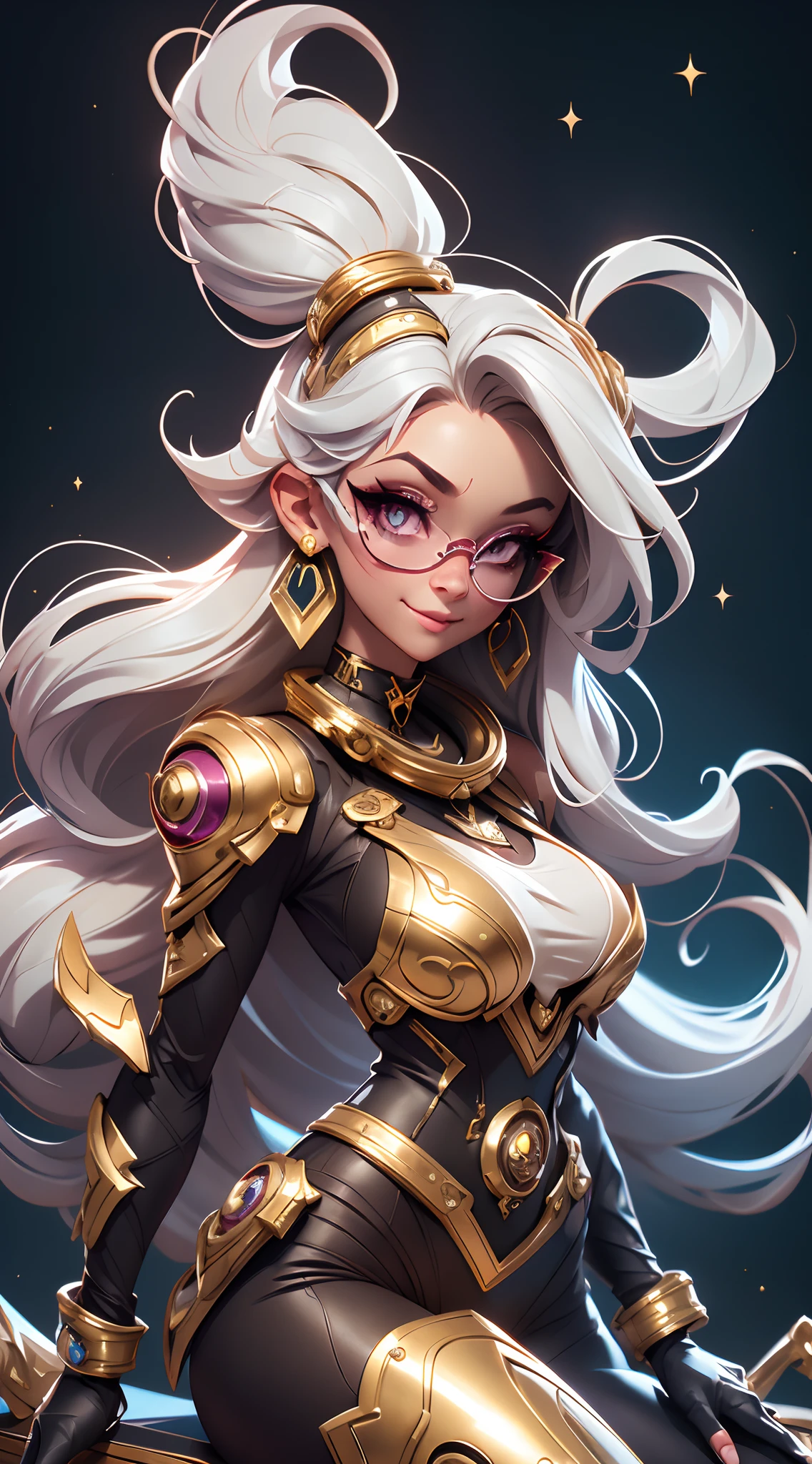 A fantz monster design, Cute robots in space [style-rustmagic]，female robot，Half-human, tmasterpiece，（tmasterpiece，top-quality，best qualityer），1girll， jewely，耳Nipple Ring，choker necklace，bangle，  hoop earings， circle glasses，sun glasses， Long hair and long flesh， Blonde hair，Black color hair，Silvery-white hair，Maroon hair， 独奏，  ssmile，  looking at viewert， motorvehicle，The Car， Sports cars，groundvehicle， Sat down， exteriors， daysies， nedium breasts，Open navel， dark skinned female，  Estampados florales， grinning smile，collars，Laser cloth，Sexy bikini，laser，holy rays，gold foil，Gold leaf art，glitter drawing，Correct anatomy，Detailed face, Detailed eyes，Chest exposed，