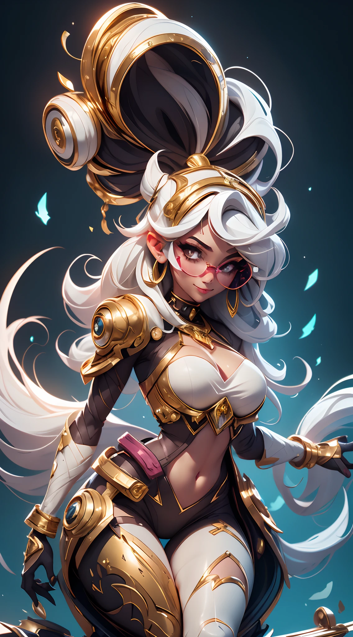 A fantz monster design, Cute robots in space [style-rustmagic]，female robot，Half-human, tmasterpiece，（tmasterpiece，top-quality，best qualityer），1girll， jewely，耳Nipple Ring，choker necklace，bangle，  hoop earings， circle glasses，sun glasses， Long hair and long flesh， Blonde hair，Black color hair，Silvery-white hair，Maroon hair， 独奏，  ssmile，  looking at viewert， motorvehicle，The Car， Sports cars，groundvehicle， Sat down， exteriors， daysies， nedium breasts，Open navel， dark skinned female，  Estampados florales， grinning smile，collars，Laser cloth，Sexy bikini，laser，holy rays，gold foil，Gold leaf art，glitter drawing，Correct anatomy，Detailed face, Detailed eyes，Chest exposed，