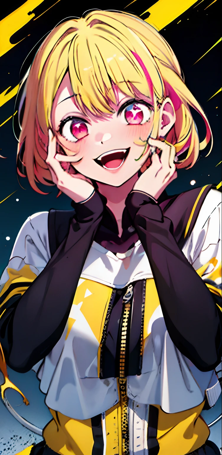 original character , 1girl, (crazy smile:1.2) , blonde hair , bangs , crazy eyes , hands on face , yellow blood splatter on face , yellow and black color scheme, open mouth, (wide-eyed:1.2), glowing eyes, left star shaped eye, star shaped eye, pink eyes, pink eyes