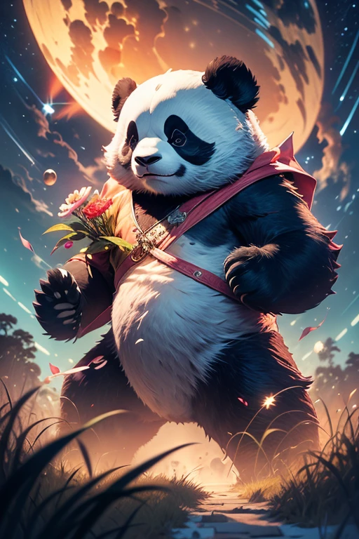 amazing Panda standing in the clouds staring up as the stars, stars floating around panda, brilliant colors, amazing swirls of cosmic dust, colorful vibrant, light particles, Create digital artwork in the Pop Art style, Featuring a vibrant and confident panda,street fashion, Movie color scheme, Surrounded by vintage flower motifs, Vibrant brushstrokes,Emotions should be dynamic, Drawing, illustration, escala cinza, tropical, Many flowers,