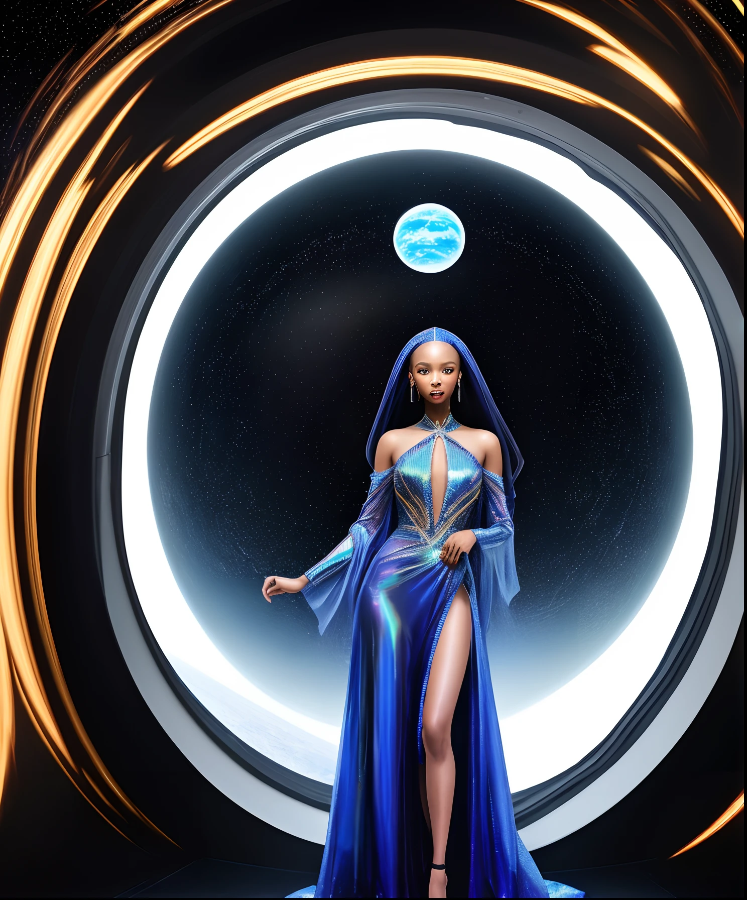Title: "Orbiting Opulence: Space Age Sophistication"
Keywords: Orbiting Opulence, Space Age, Sophistication, Holographic elements, Vogue Africa, Luxury fashion, Orbital patterns, Afrofuturism, Futuristic textiles, Satellite-inspired designs, High orbit fashion, Sophisticated technology, Luminous embroidery, Starlit glamour, Zero gravity gowns, Fashion-forward thinking, Astronomical luxury, Spacecraft chic, Celestial vogue, Revolutionary style
Description: Orbiting patterns and holographic textiles converge in gowns that embody celestial vogue, offering a glimpse into a revolutionary space age sophistication, Fashion photography