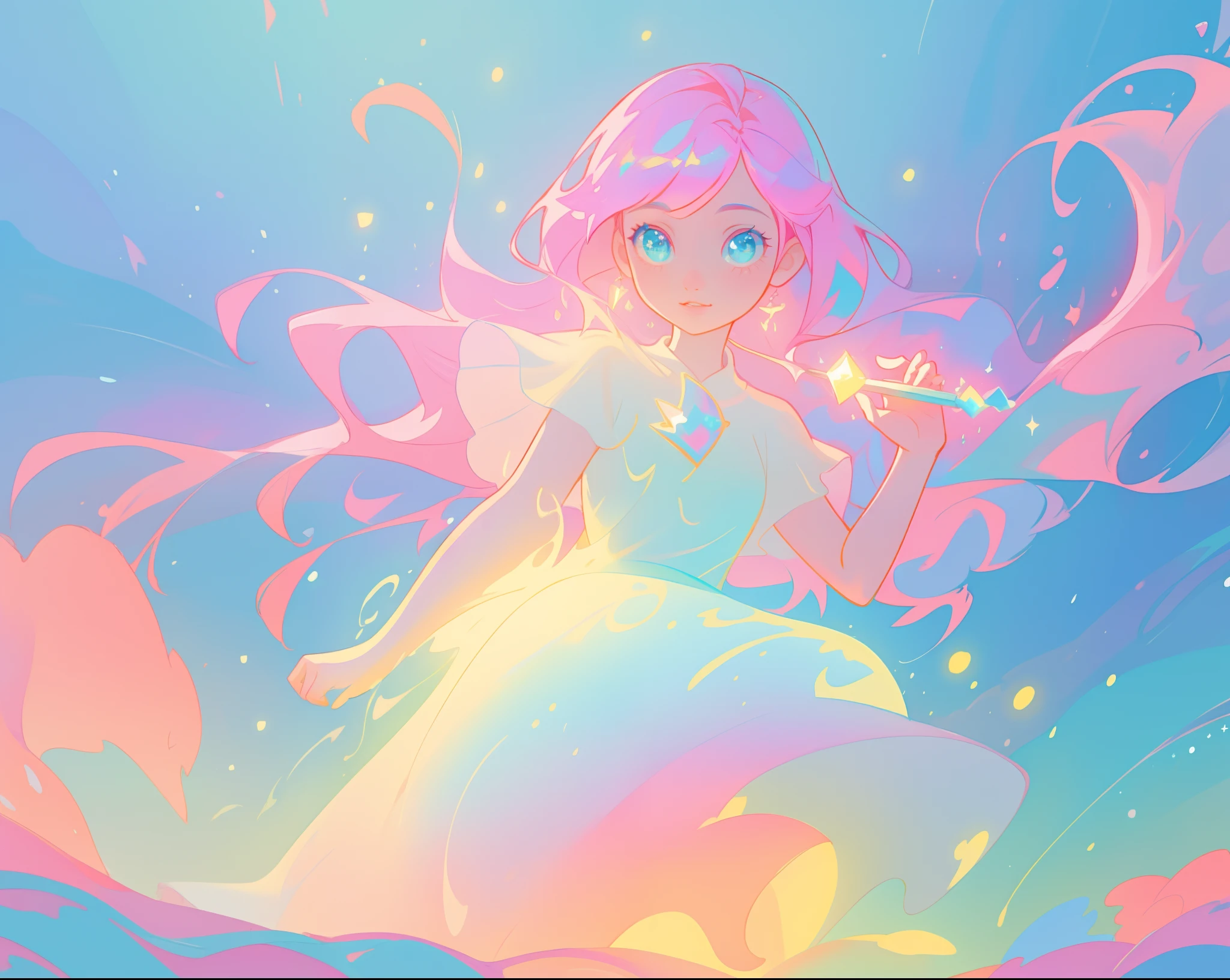 beautiful girl in sparkling white puffy dress, vibrant pastel colors, (colorful), magical lights, long flowing colorful pink hair, otherworldly aqua and blue landscape background, inspired by Glen Keane, inspired by Lois van Baarle, disney art style, by Lois van Baarle, glowing aura around her, by Glen Keane, jen bartel, glowing lights! digital painting, flowing glowing hair, glowing flowing hair, beautiful digital illustration, fantasia background, whimsical, magical, fantasy, beautiful face, ((masterpiece, best quality)), intricate details, highly detailed, sharp focus, 8k resolution, sparkling detailed eyes, liquid watercolor