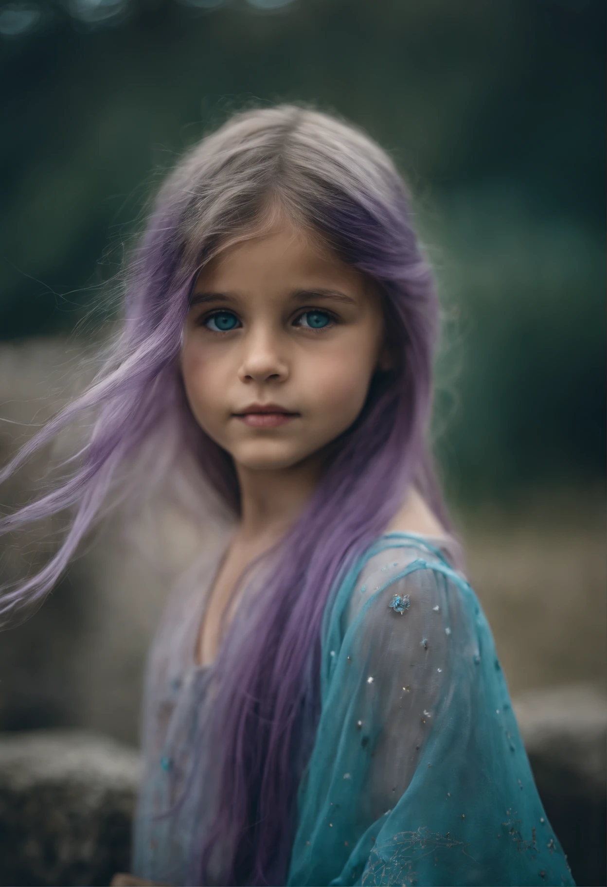 A beautiful girl, about ***********. Long light blue hair, straight hair, messy hair, bangs and big eyes (the right eye blue, the left right purple).  The girl wears a turquoise tunic and purple tide pants. Greek templo ruins background. Starry night sky.