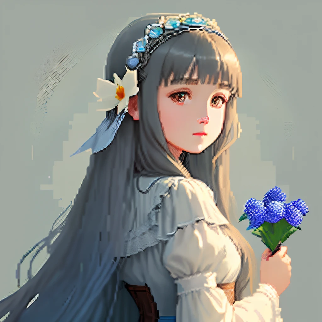 Pale light blue antique dress、Girl with long hair in a dull blue-brown color、Blunt bangs、Look back and look at this.、Pixel art、Pixel Art Illustration、pixels、Plain background、Upper body、For icons、pixels_Art Book,Composition centered on the face、Straight face、Gothic headdress、pixels、Game-style illustration、Pixel art、pixels、Holding flowers