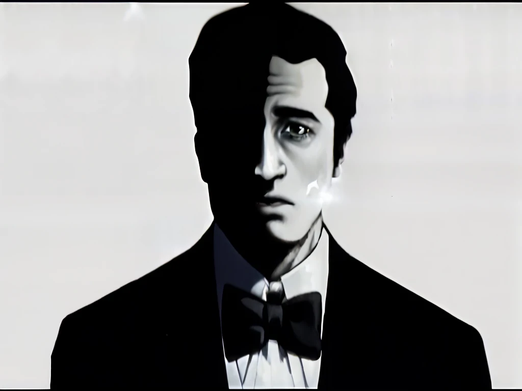 arafed image of a man in a tuxedo early screen test, grainy black and white footage, videotape still from 1985, movie realistic.