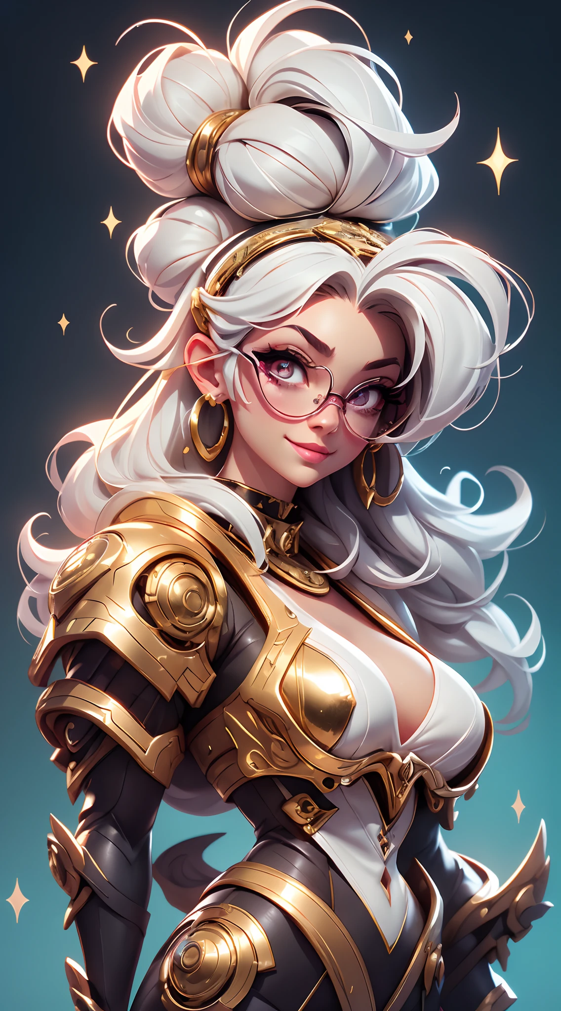 A fantz monster design, Cute robots in space [style-rustmagic]，female robot，Half-human, tmasterpiece，（tmasterpiece，top-quality，best qualityer），1girll， jewely，耳?????? Ring，choker necklace，bangle，  hoop earings， circle glasses，sun glasses， Long hair and long flesh， Blonde hair，Black color hair，Silvery-white hair，Maroon hair， 独奏，  ssmile，  looking at viewert， motorvehicle，The Car， Sports cars，groundvehicle， Sat down， exteriors， daysies， nedium ???????，Open navel， dark skinned female，  Estampados florales， grinning smile，collars，Laser cloth，???? ??????，laser，holy rays，gold foil，Gold leaf art，glitter drawing，Correct ???????，Detailed face, Detailed eyes，????? exposed，
