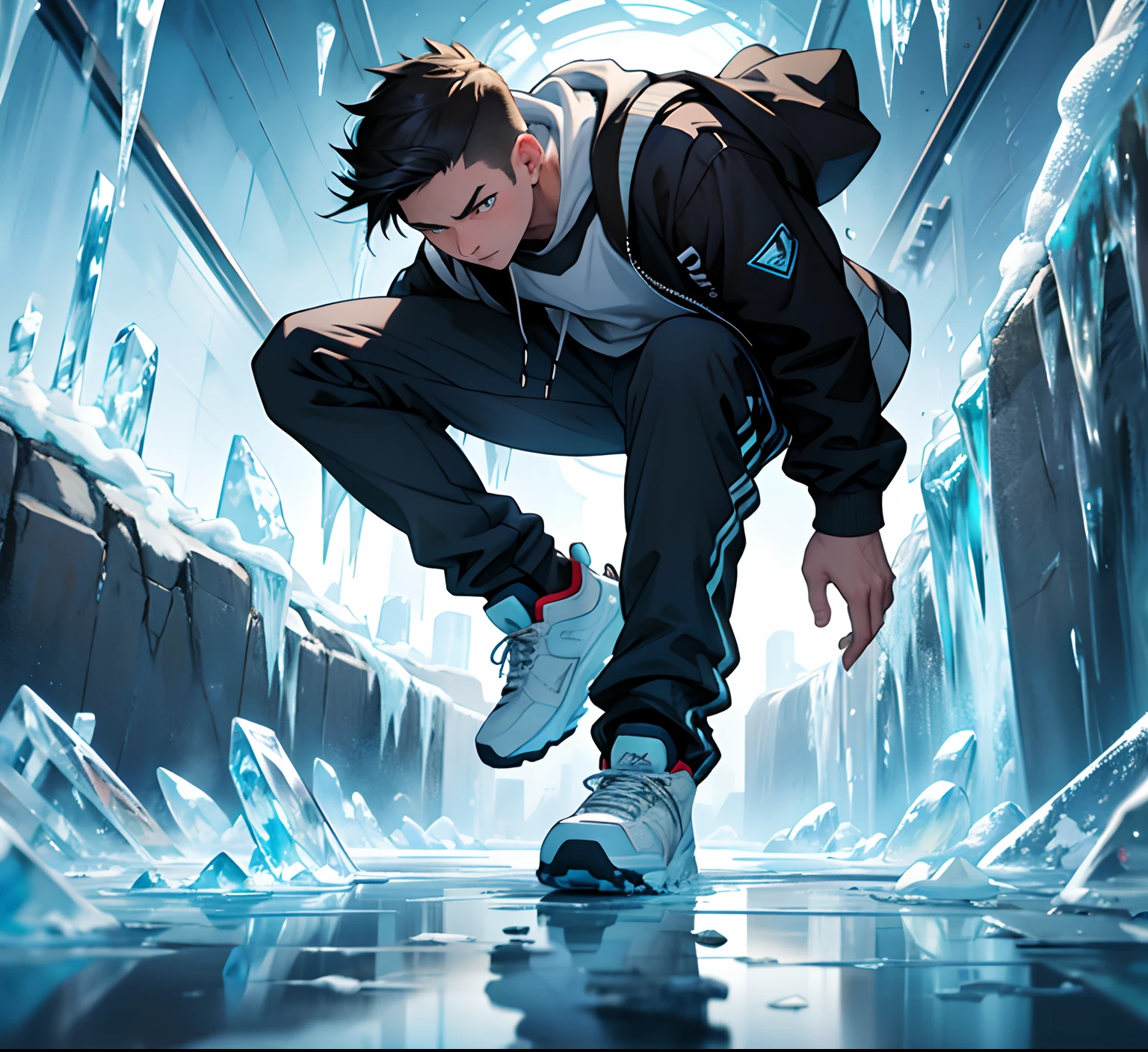 Panicked and shocked expression, he looks down at his shoes, they are covered in ice, feet frozen in ice, sneakers in ice, He's unable to move, he steps in a puddle of ice, the ice encasing his sneakers, he's struggling to move, he cant move his feet, they're frozen to the ground, he panics and tries to pull his feet but to no avail. The ice surrounds his boots, he's in a sticky situation, he is shocked and panicking, the puddle of ice around his boots gluing him to the ground. His boots are trapped in ice, human, biped, teen anime boy, Human head, human face, male face, teen boy face, concern expression, struggling expression, struggling movement,high quality, masterpiece, very high quality, feet frozen in a block of ice, frozen feet, trapped in ice, feet encased in ice, feet frozen to the ground, standing looking at his frozen feet, struggling movement, frozen shoes, cryogenically frozen shoes/feet, the boy still standing with his shoes frozen to the ground, frozen, young boy, anime boy, age 18-23, young adult, more ice covering his feet, encased in ice