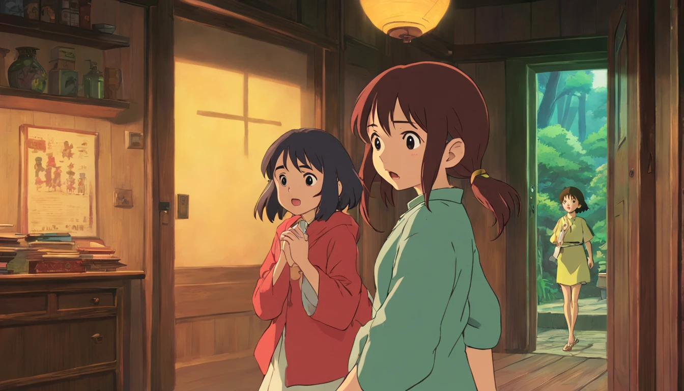 Create an illustration that represents two 20-year-old girls running out of a room with expressions of panic and terror on their faces, ((covering their ears with their hands)). These girls must have long, dark hair. Use a color palette. mysterious, high resolution and exceptional details in the environment. Apply gloomy lighting and create a mysterious atmosphere. Use a style filter with a value of 1000 and a resolution of 8k. It uses a mysterious color palette, high resolution, and exceptional details in the environment. ((Apply gloomy lighting and create a mysterious atmosphere)). Use a style filter with a value of 1000 and a resolution of 8k.