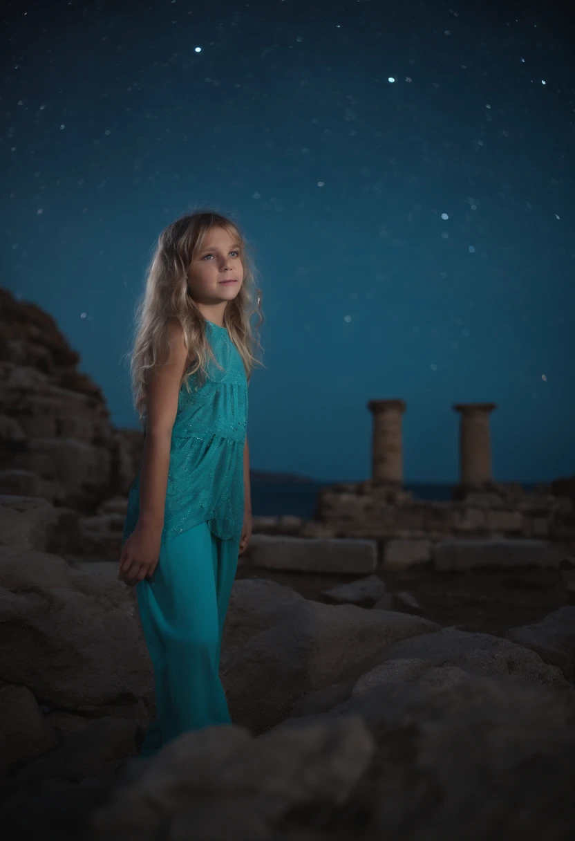 A beautiful girl, about 8 . Long light blue hair, straight hair, ((messy)) hair, ((bangs)) and big blue eyes. Turquoise tunic and purple tide pants. Greek templo ruins background. Starry night sky.