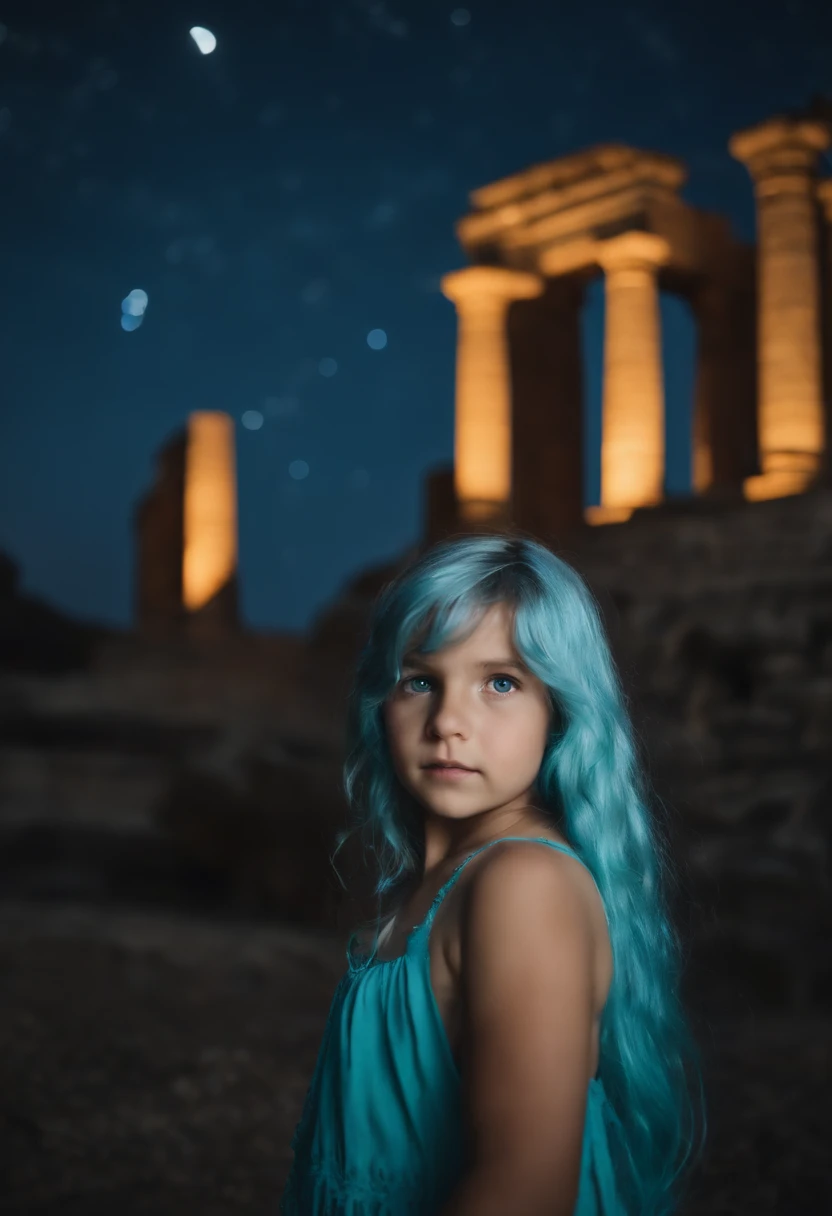 A beautiful girl, about 8 . Long light blue hair, straight hair, ((messy)) hair, ((bangs)) and big blue eyes. Turquoise tunic and purple tide pants. Greek templo ruins background. Starry night sky.