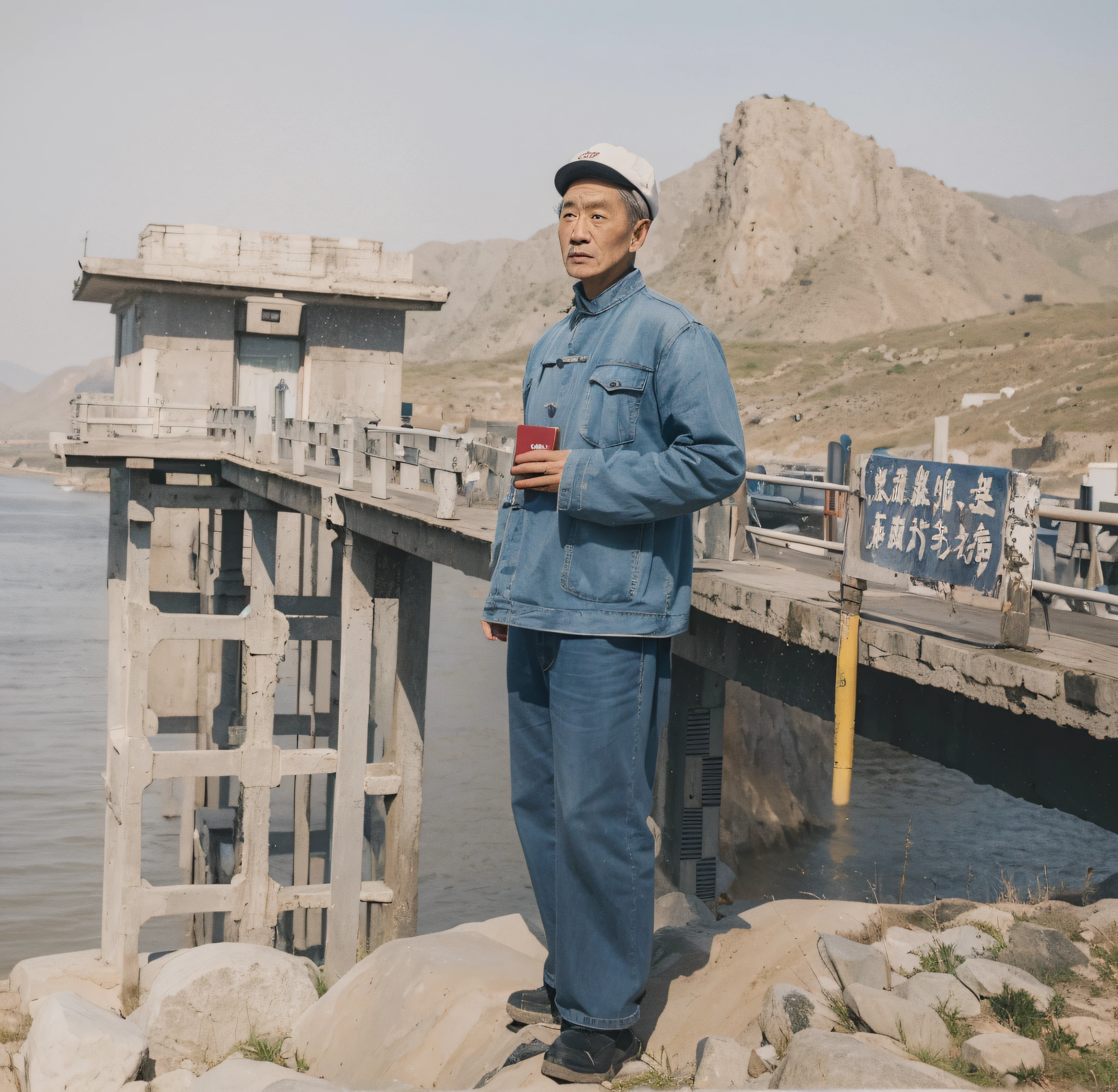 Portrait of a 60-year-old Chinese man,Face emaciation,without a beard,Good facial features,Symmetrical facial features,The ears are symmetrical and clear,Ultra-clear and realistic facial features,He wears a dark hat on his head,With a hat with a brim,Hat coordination,He was wearing a black military uniform,The texture of the clothes is clear,Ultra-clear texture,Holding a red book in his hand,Camera shooting effect,Light and shadow are natural,Symmetrical clothes,The collar is symmetrical and coordinated,Ultra-clear realistic 8K,Very detailed eyes and face,hyper-detailing, High definition, Very detailed, Best quality, Masterpiece, , Realistis, Real, 8K wallpaper,In the background is a concrete building,There is lake water,There are mountains in the distance,There are no trees on the mountain,There are no woods,There are blue skies and white clouds,There are large irregular stones under the feet,Background details for foreground objects (Masterpiece: 1.2) (Photorealistic: 1.2) (Bokeh: 1.2) (Best quality) (Color grading) (Detailed skins: 1.3) (complex) (8K)(Movie lighting: 1.3) (Sharp focus), Glossy glossy skin, Front-facing Ultra HD, Digital SLR, Soft lighting, High quality, Skin texture, filmgrain, Close up, 超高分辨率,