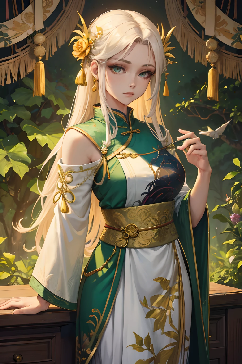 Painting,Majestic and dreamy mood, forest vibes, a beautiful woman, golden sunset hair, eyes light green, clothes colors are white and gold with vines embroidery, Chinese clothing mixed with a toga, detailed face, holding a bird, flower vines ornament in shoulder