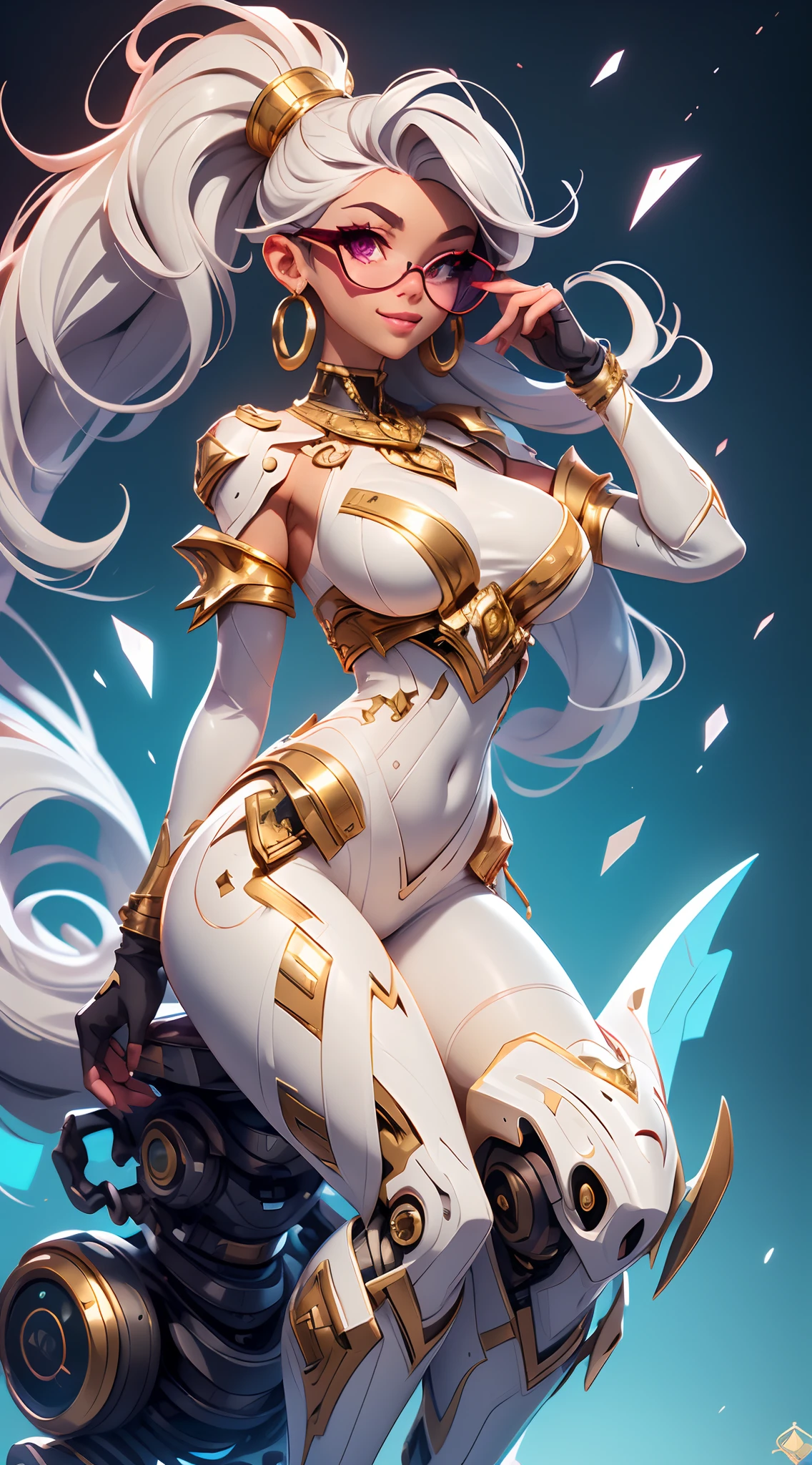 A fantz monster design, Cute robots in space [style-rustmagic]，female robot，Half-human, tmasterpiece，（tmasterpiece，top-quality，best qualityer），1girll， jewely，耳Nipple Ring，choker necklace，bangle，  hoop earings， circle glasses，sun glasses， Long hair and long flesh， Blonde hair，Black color hair，Silvery-white hair，Maroon hair， 独奏，  ssmile，  looking at viewert， motorvehicle，The Car， Sports cars，groundvehicle， Sat down， exteriors， daysies， nedium breasts，Open navel， dark skinned female，  Estampados florales， grinning smile，collars，Laser cloth，Sexy bikini，laser，holy rays，gold foil，Gold leaf art，glitter drawing，Correct anatomy，Detailed face, Detailed eyes，Chest exposed，