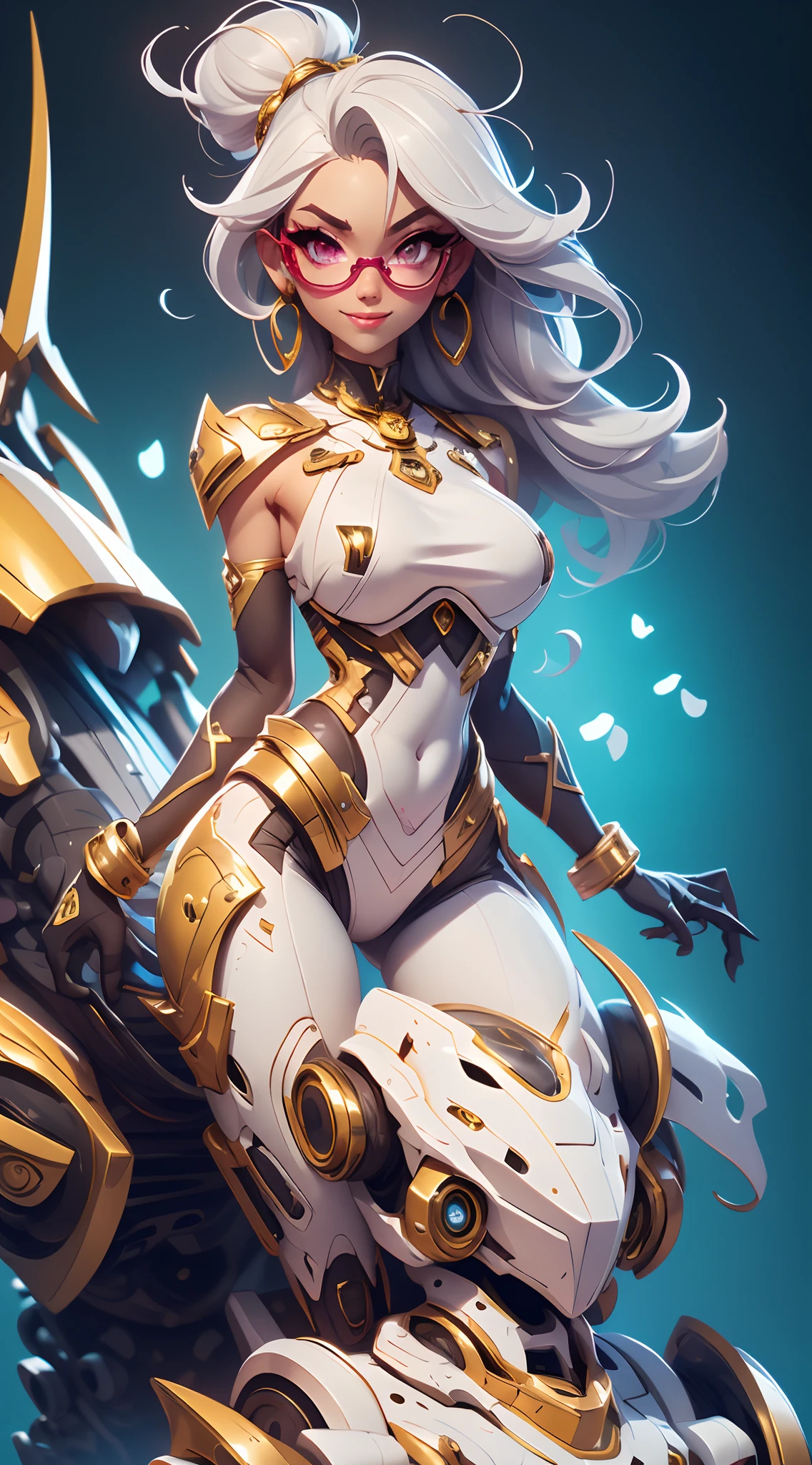 A fantz monster design, Cute robots in space [style-rustmagic]，female robot，Half-human, tmasterpiece，（tmasterpiece，top-quality，best qualityer），1girll， jewely，耳Nipple Ring，choker necklace，bangle，  hoop earings， circle glasses，sun glasses， Long hair and long flesh， Blonde hair，Black color hair，Silvery-white hair，Maroon hair， 独奏，  ssmile，  looking at viewert， motorvehicle，The Car， Sports cars，groundvehicle， Sat down， exteriors， daysies， nedium breasts，Open navel， dark skinned female，  Estampados florales， grinning smile，collars，Laser cloth，Sexy bikini，laser，holy rays，gold foil，Gold leaf art，glitter drawing，Correct anatomy，Detailed face, Detailed eyes，Chest exposed，
