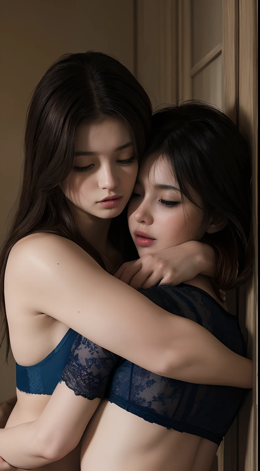 "((​masterpiece))(The best lighting, highly contrast, murky, Dramatic, Photorealistic finish),(Bloody woman, Blue lingerie,(profetional lighting),(women hugging),