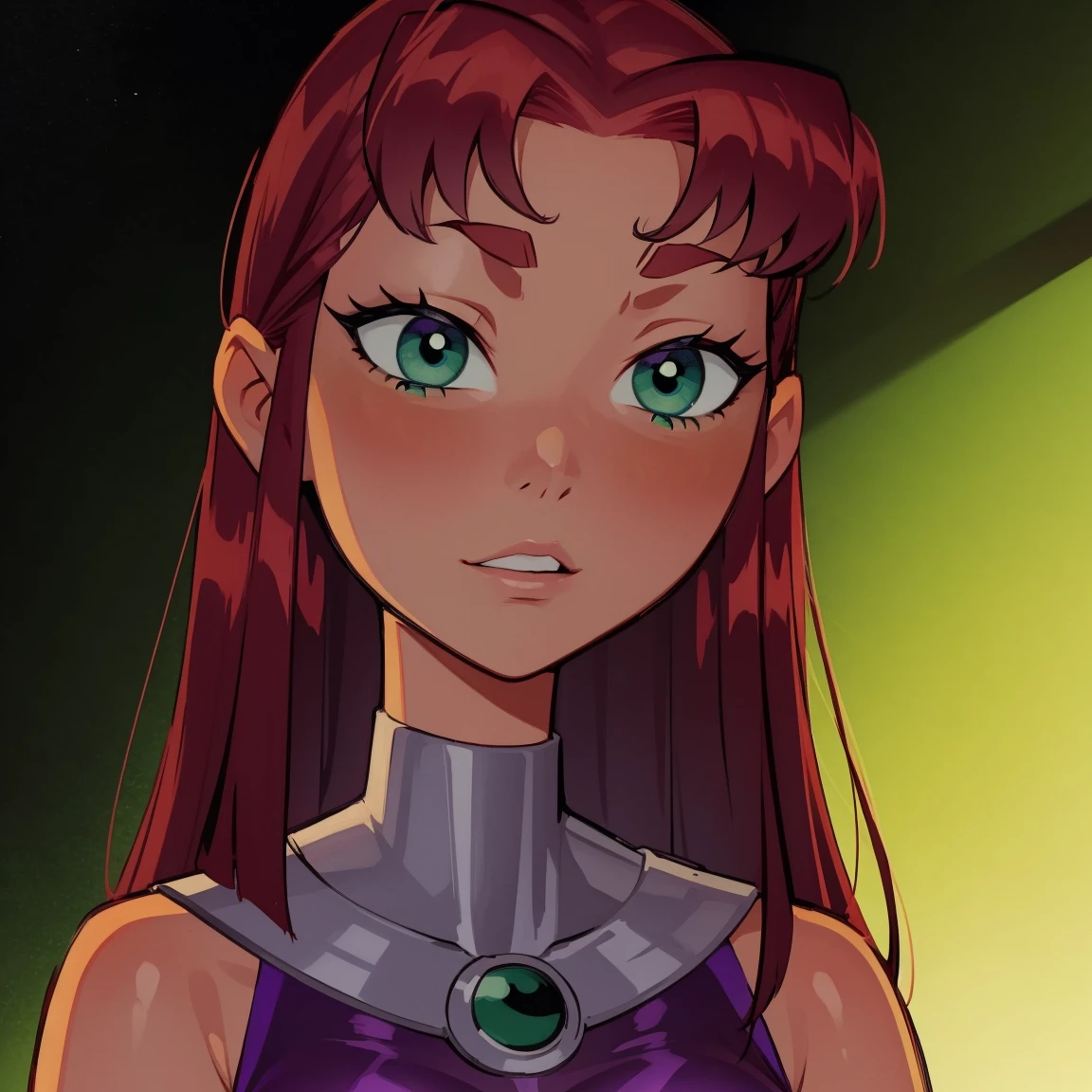 Starfire, dark green eyes, reddish hair, green eyes, cute eyes, dark background