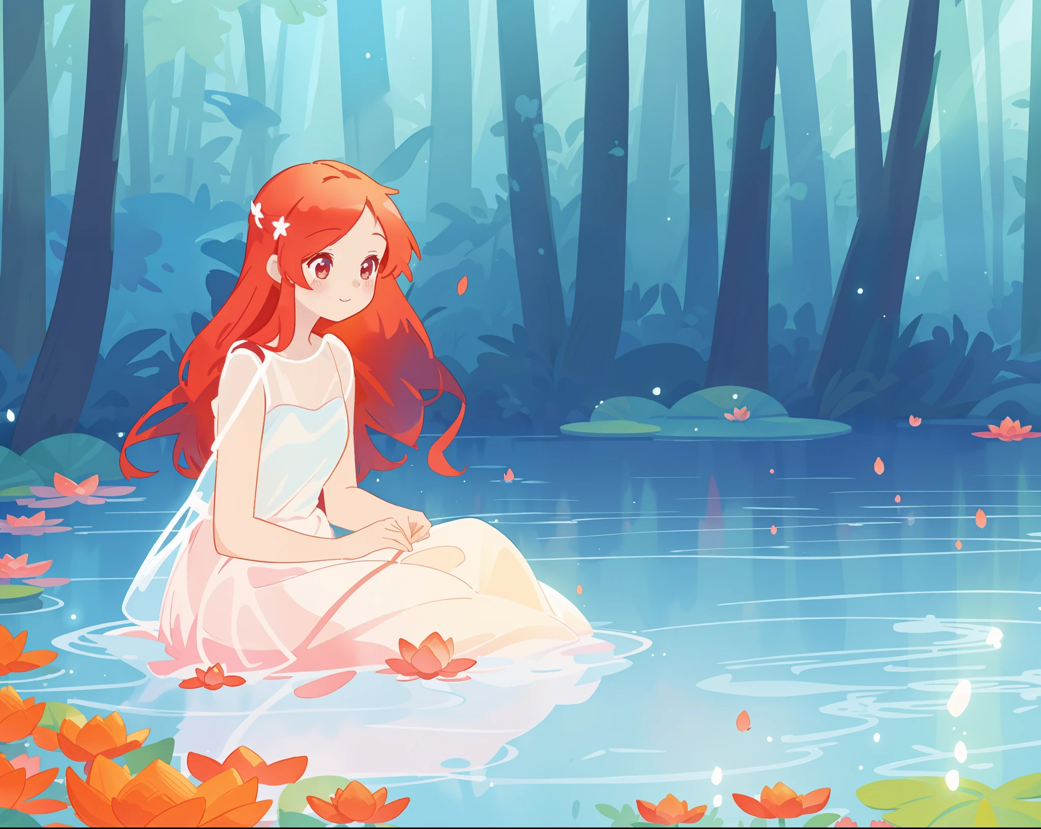 beautiful girl in white sitting in the water, long red hair, magical forest background, red water lilies in the water, beautiful lake of water, watercolor illustration, disney art style, glowing aura around her, glowing lights, beautiful digital illustration, fantasia otherworldly landscape plants flowers, beautiful, masterpiece, best quality, anime disney style