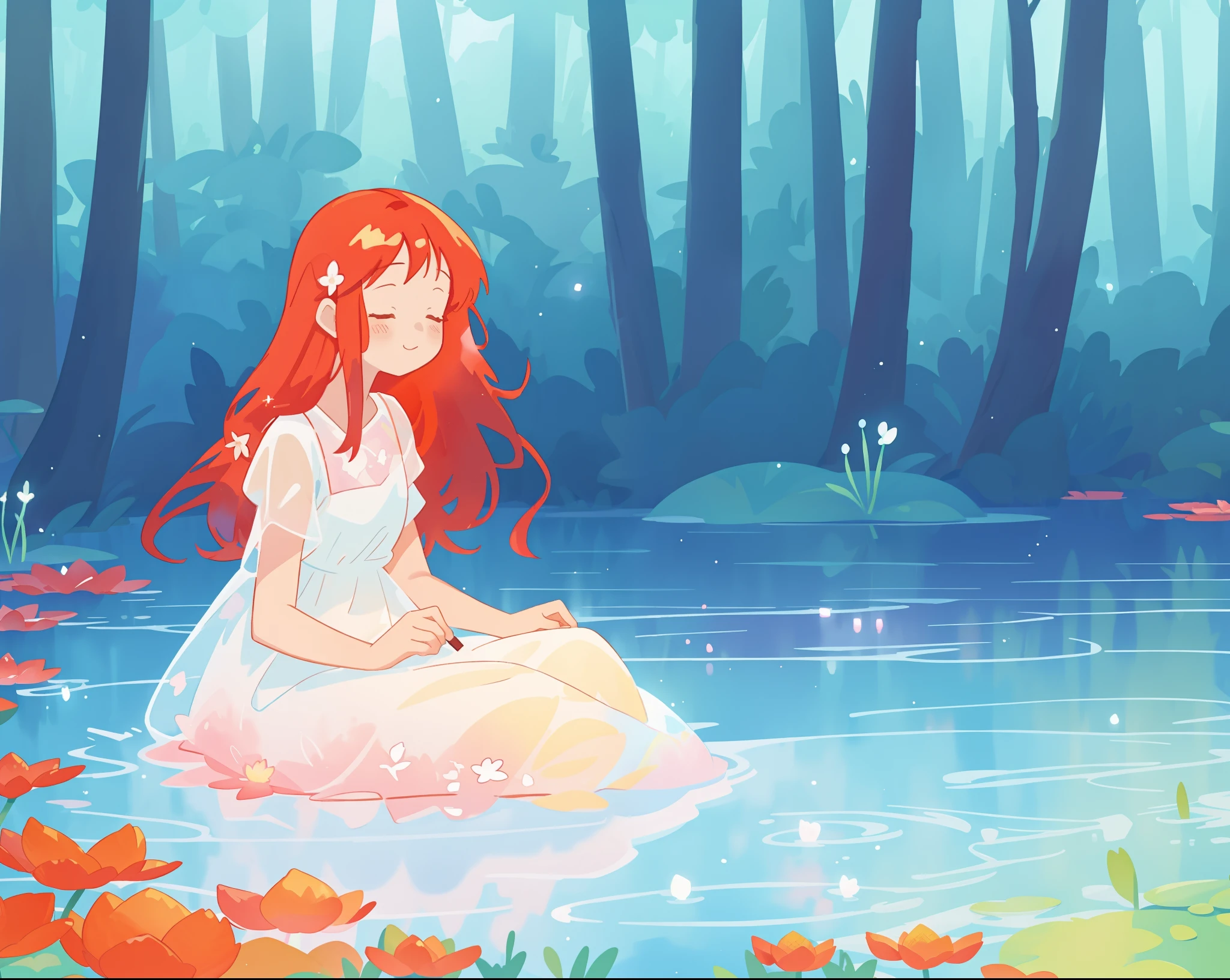 beautiful girl in white sitting in the water, long red hair, magical forest background, red water lilies in the water, beautiful lake of water, watercolor illustration, disney art style, glowing aura around her, glowing lights, beautiful digital illustration, fantasia otherworldly landscape plants flowers, beautiful, masterpiece, best quality, anime disney style