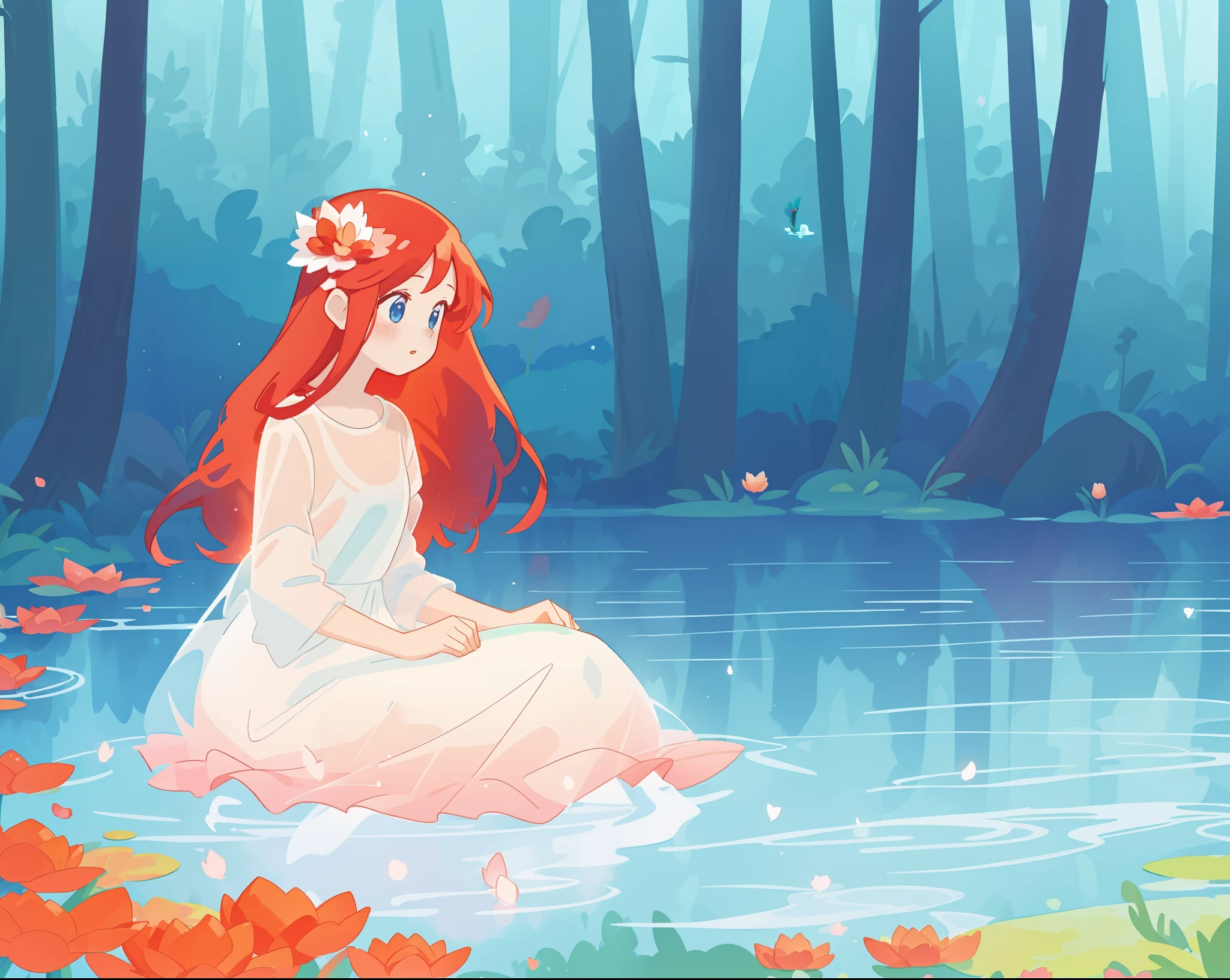 beautiful girl in white sitting in the water, long red hair, magical forest background, red water lilies in the water, beautiful lake of water, watercolor illustration, disney art style, glowing aura around her, glowing lights, beautiful digital illustration, fantasia otherworldly landscape plants flowers, beautiful, masterpiece, best quality, anime disney style