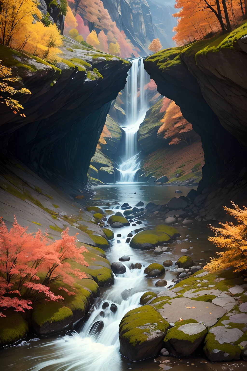 A stream in a crevice in a mountain stream,limpid,fall colors,inverted image,The sky is high and cloudy
