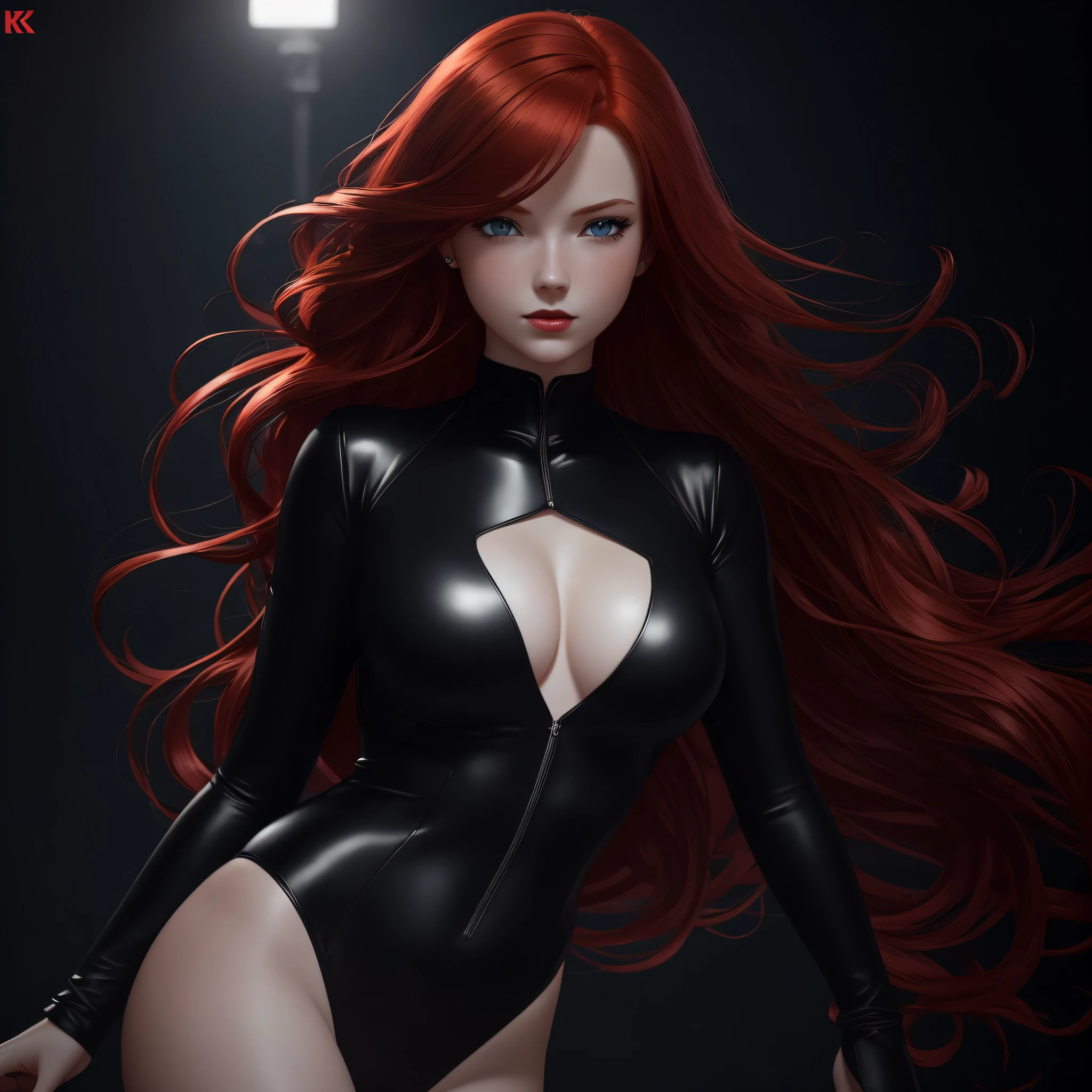 Noir painting of 1girl, young redhead woman in a silky black dress posing for a picture, flowing red hair, glowing red hair, mesmerizing blue eyes, lush red lips, Kruzadar woman, dark red hair, blue eyes, long hair, hyper realistic, 4k, masterpiece, beautiful, facing the viewer, headshot, ((white skin)), cleavage, deviantart artstation cgscosiety, redhead girl, wearing a black bodysuit, redhead, photorealistic anime girl render, 8k sensual lighting, seductive anime girl, semi - realistic render, sexy outfit
