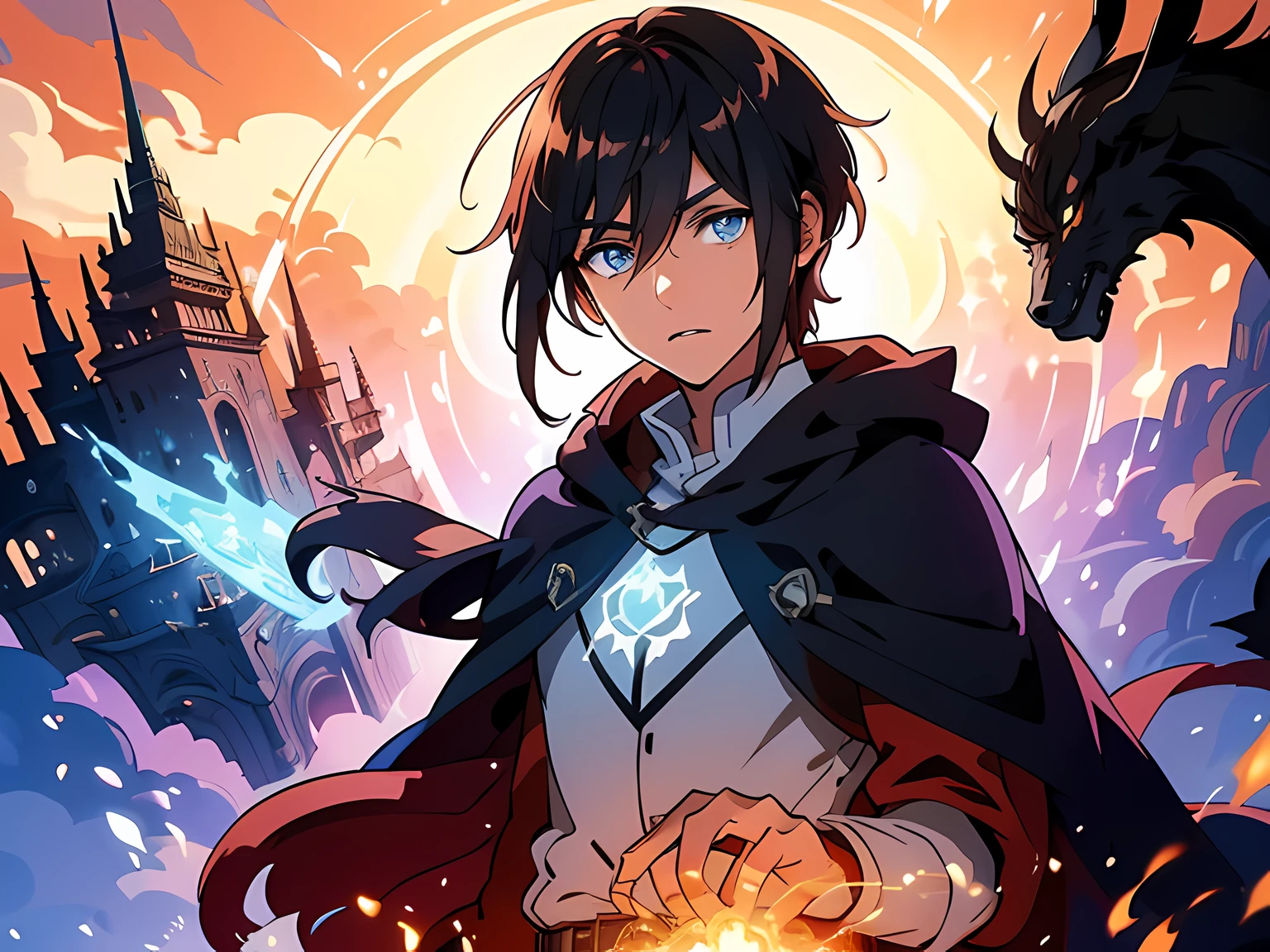 masterpiece, In a world where magic and technology exist side by side, a young man (black hair, short hair) sets out on a journey to hone their skills and uncover the secrets of their powers, beautiful eyes finely detailed. Along the way, they meet a diverse cast of characters, including other mages, robots, and creatures from beyond their world. As they travel through fantastical lands and face incredible challenges, the mage must learn to harness the full potential of their abilities and unlock the true potential of magic in the modern age. sometimes he also must fight with unknown creatures.