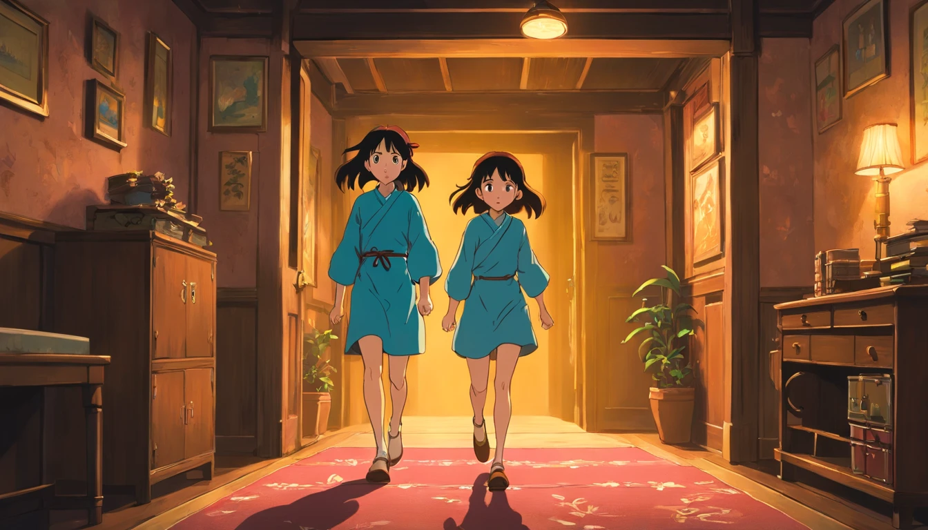Create an illustration that represents two 20-year-old girls running out of a room with expressions of panic and terror on their faces, ((covering their ears with their hands)). These girls must have long, dark hair. Use a color palette. mysterious, high resolution and exceptional details in the environment. Apply gloomy lighting and create a mysterious atmosphere. Use a style filter with a value of 1000 and a resolution of 8k. It uses a mysterious color palette, high resolution, and exceptional details in the environment. ((Apply gloomy lighting and create a mysterious atmosphere)). Use a style filter with a value of 1000 and a resolution of 8k.