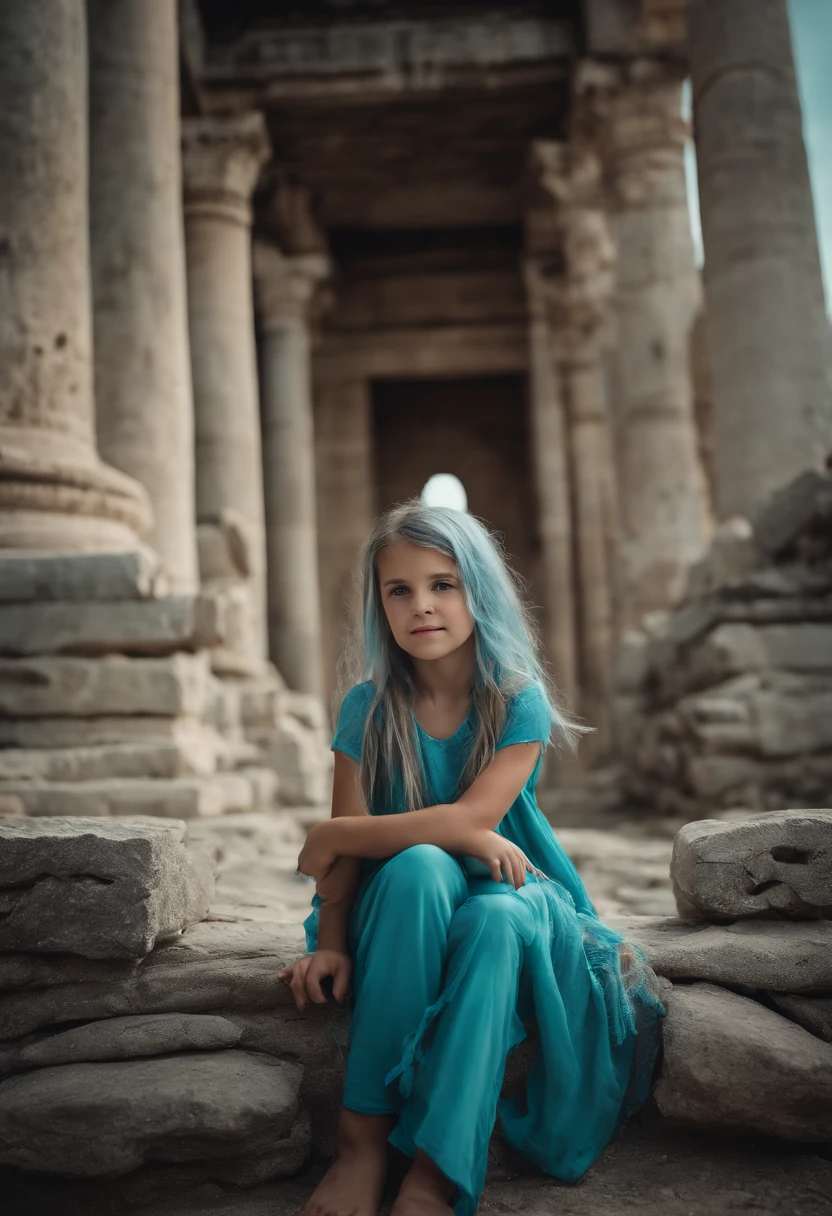 A beautiful girl, about 8 . Long light blue hair, straight hair, ((messy)) hair, ((bangs)) and big blue eyes. Turquoise tunic and purple tide pants. Greek templo ruins background.